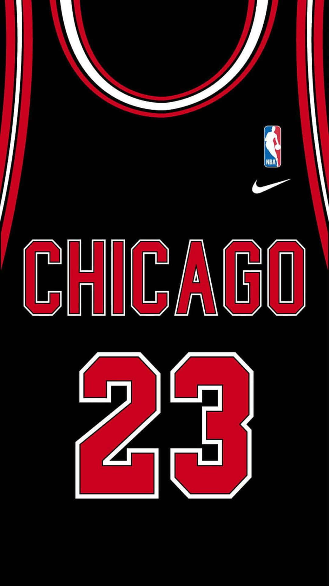 NBA Jerseys 桌布 壁紙 — 芝加哥公牛隊黑色籃球球衣特寫，帶有紅白邊飾，印有23號和NBA標誌。