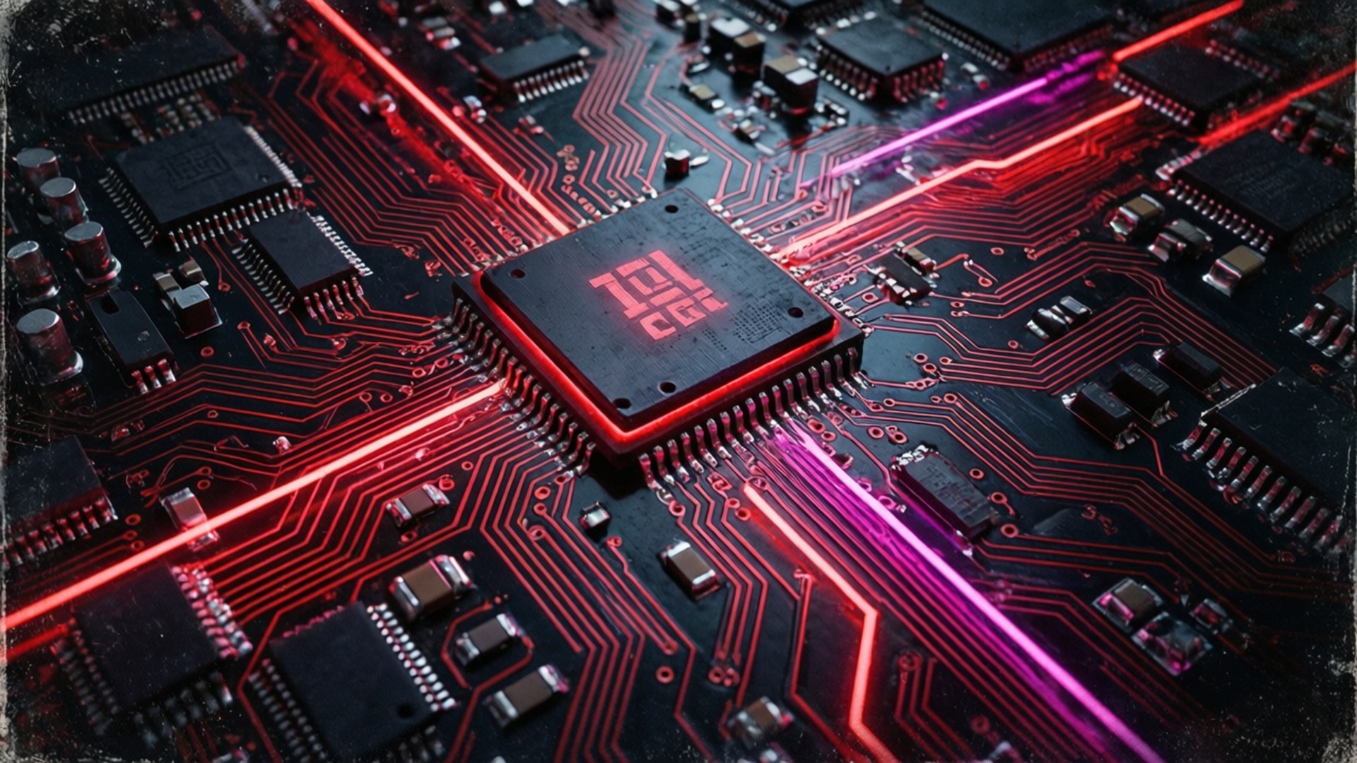 Cyberpunk Circuit 壁紙 — 黑色電路板的特寫，帶有從中央處理器晶片輻射出的發光紅色和紫色霓虹線。