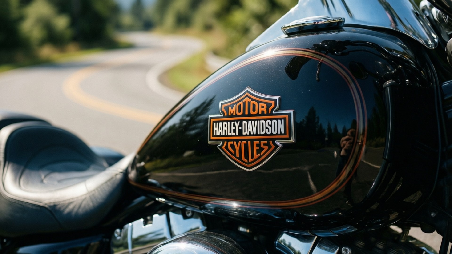 Badge of Honor 壁紙 — 黑色Harley-Davidson機車油箱特寫，帶有橙色標誌，在蜿蜒道路上反射樹木。