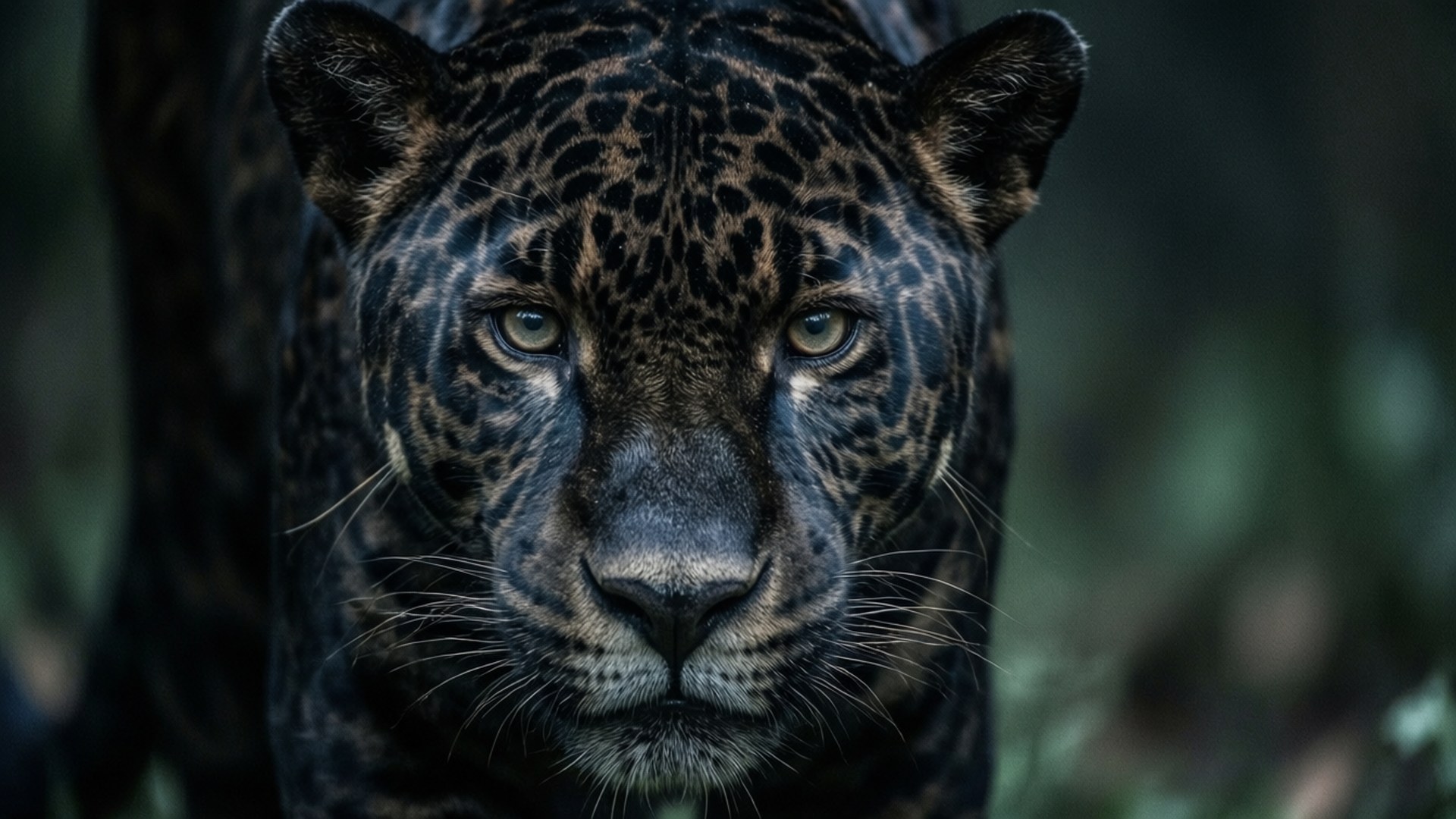 Black Jaguar in Shadow 壁紙 — 一隻黑豹在黑暗森林中近距離特寫，擁有銳利的綠色眼睛，凝視著前方。