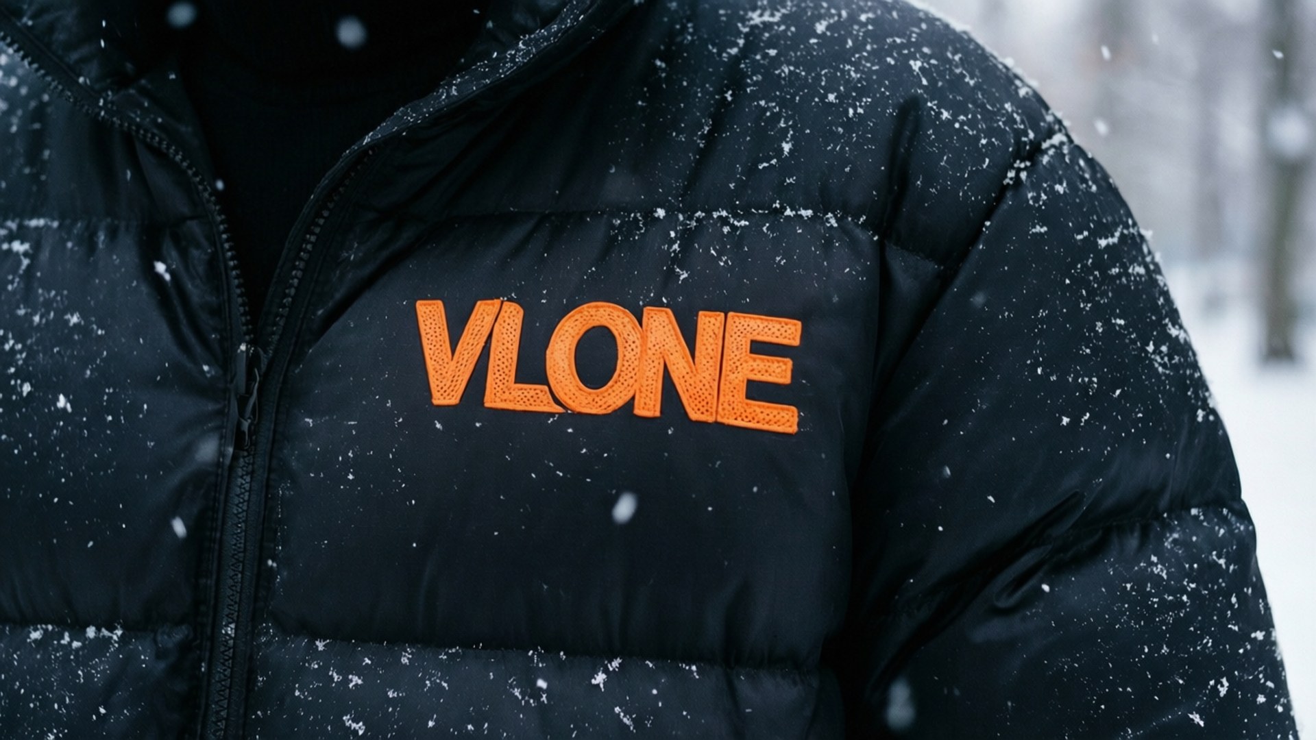 Winter Puffer 壁紙 — 冬季場景中，黑色羽絨外套特寫，帶有橙色Vlone標誌，灑落著飄雪。