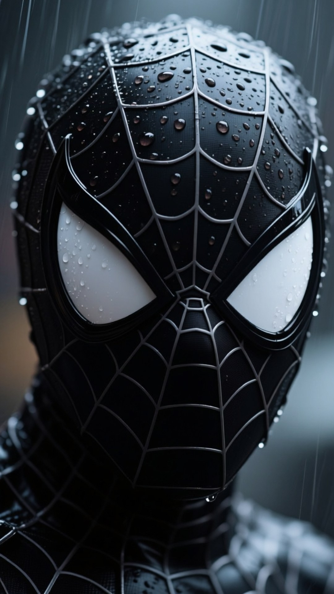 Mask of Symbiote 壁紙 — 黑色蜘蛛人面具特寫，覆蓋著雨滴，白色眼睛鏡片，背景黑暗模糊。