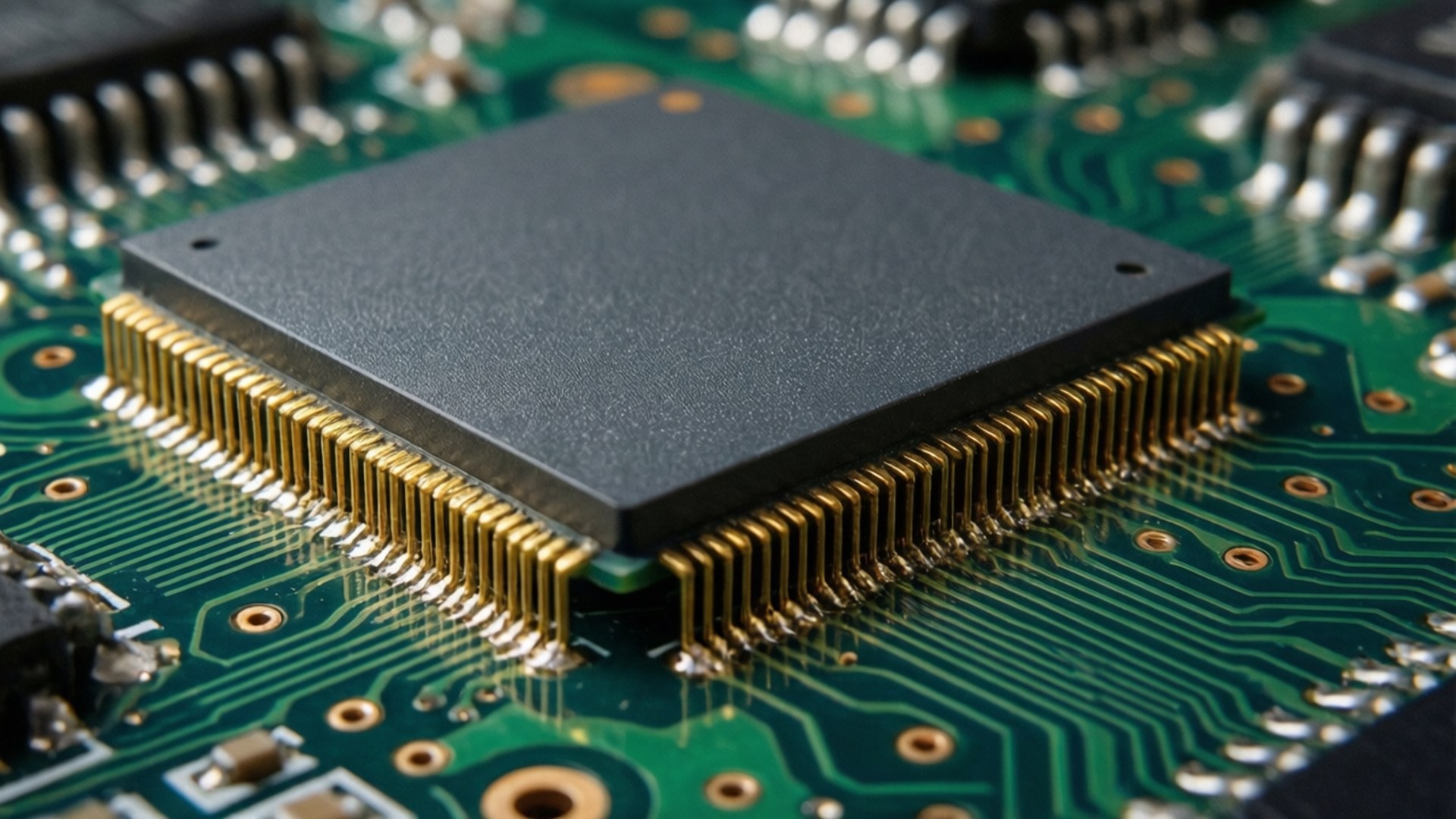 Processor Close-Up 壁紙 — 黑色方形微型晶片的特寫，帶有金色引腳，安裝在綠色電路板上，帶有複雜的銅跡線。