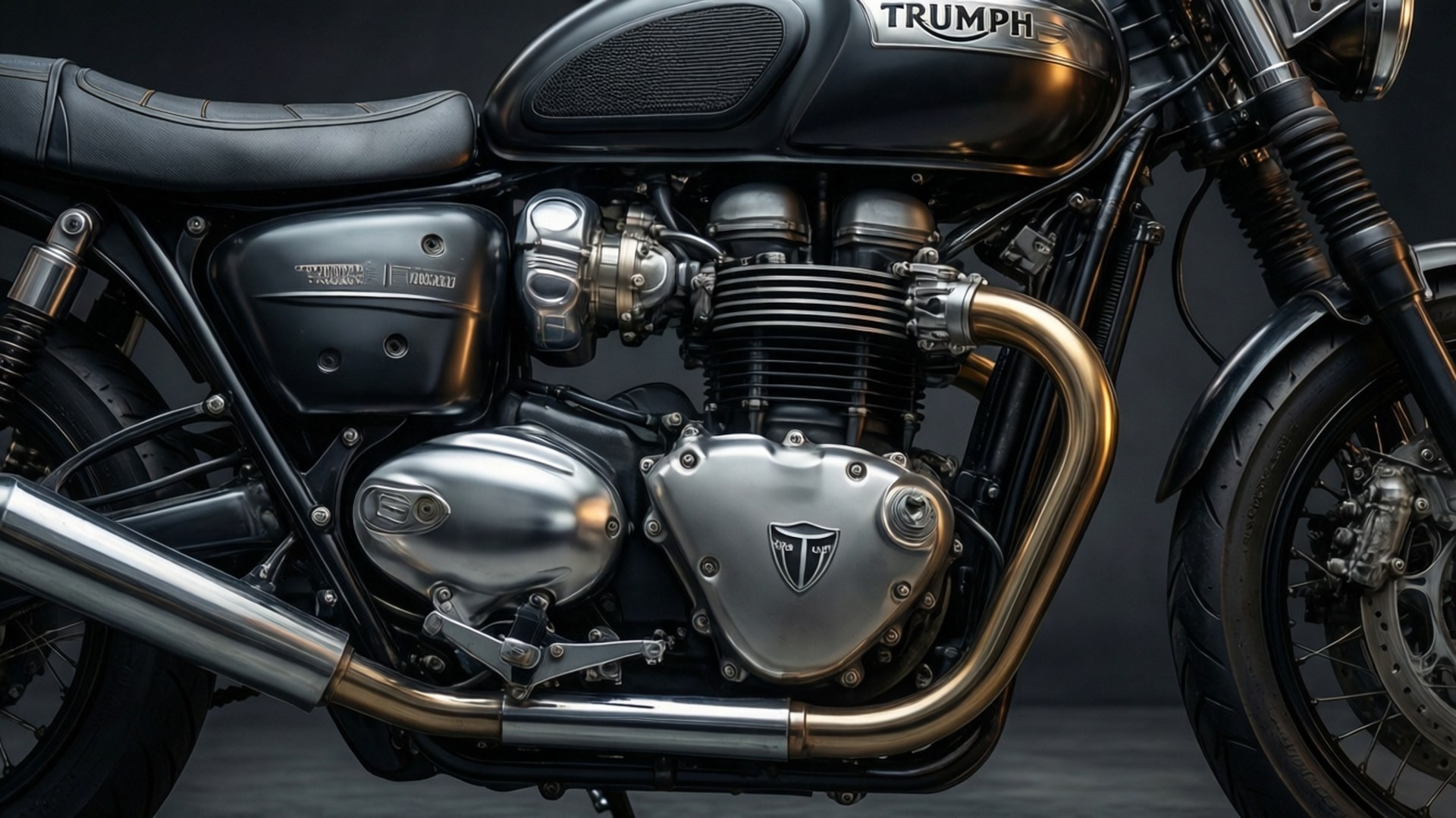 Engine Details 壁紙 — 黑色Triumph機車引擎特寫，帶有鍍鉻裝飾和金色排氣管，背景深色。