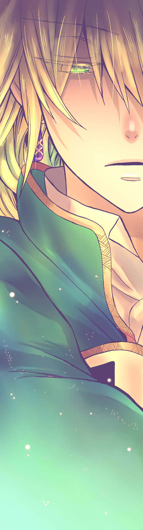Pandora Hearts Jack Vessalius 桌布 壁紙 — 金髮綠眼動畫男性特寫，身穿綠色長袍，背景為發光的青綠色。