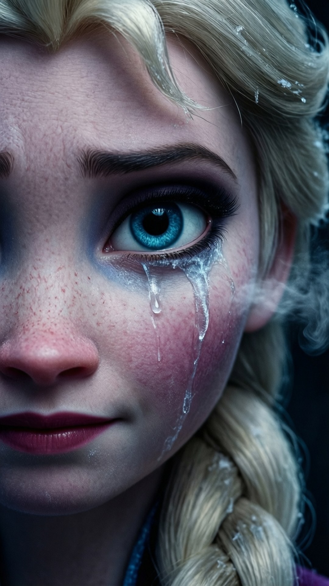 Elsa's Emotional Portrait 壁紙 — 金髮藍眼女子特寫，她流下冰冷淚水，臉部和頭髮結霜。