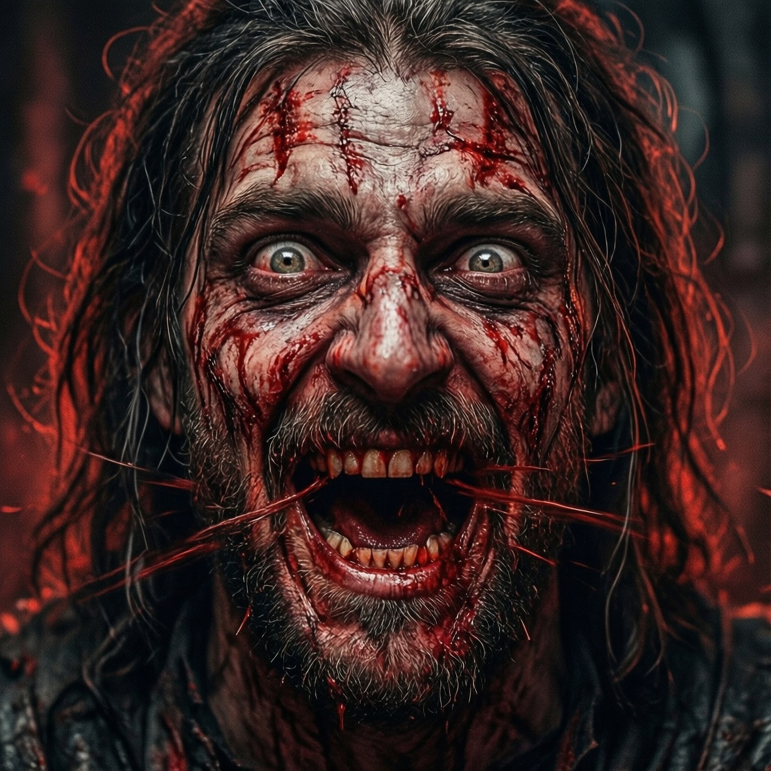 Flagellant's Frenzy 壁紙 — 一個滿身鮮血、頭髮凌亂的男人近距離特寫，恐懼地尖叫，臉上和牙齒上沾滿血跡。