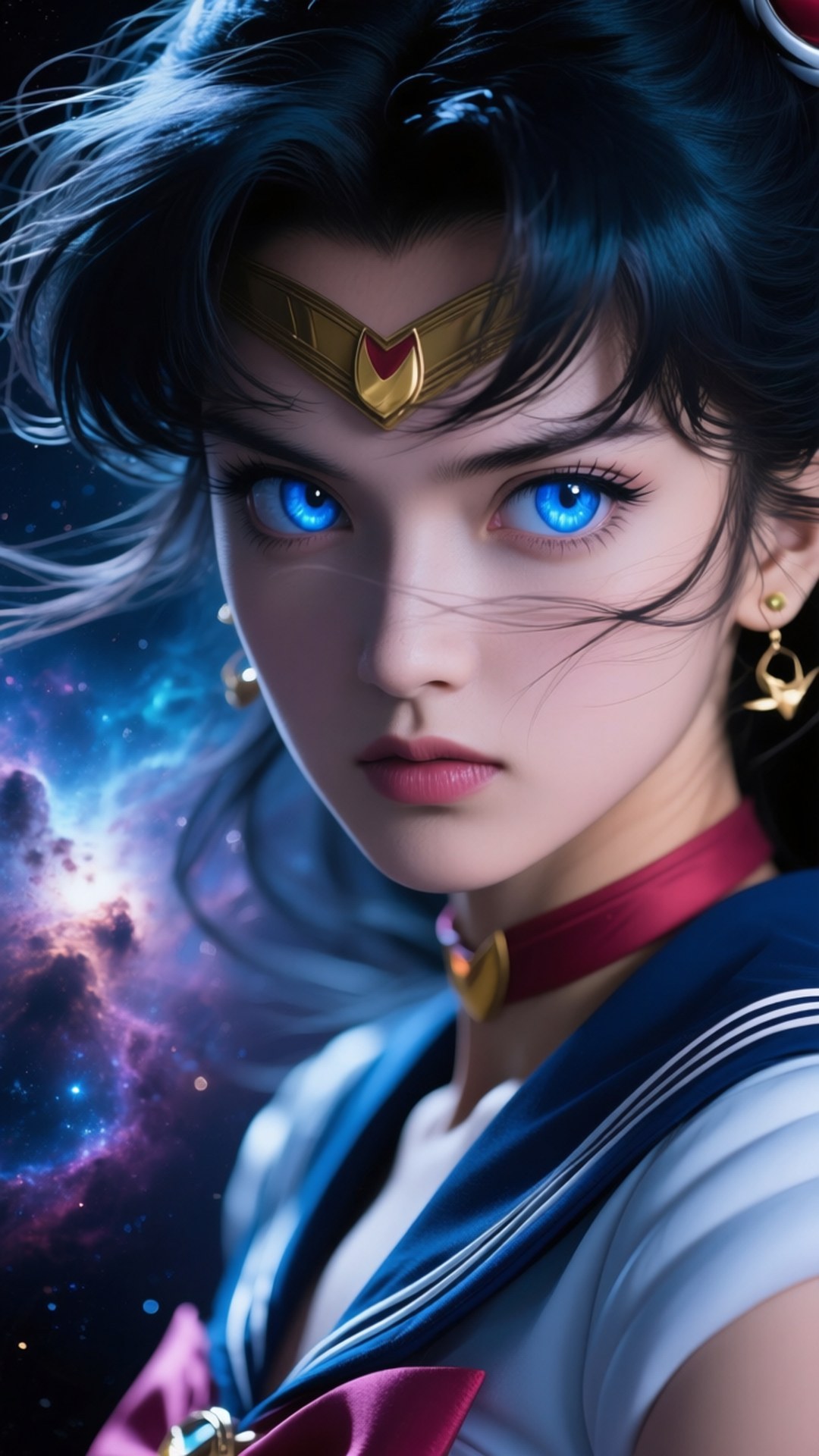 Starry Gaze Portrait 壁紙 — 一個穿著水手服、藍眼睛的動漫女孩的特寫，背景是宇宙星雲。