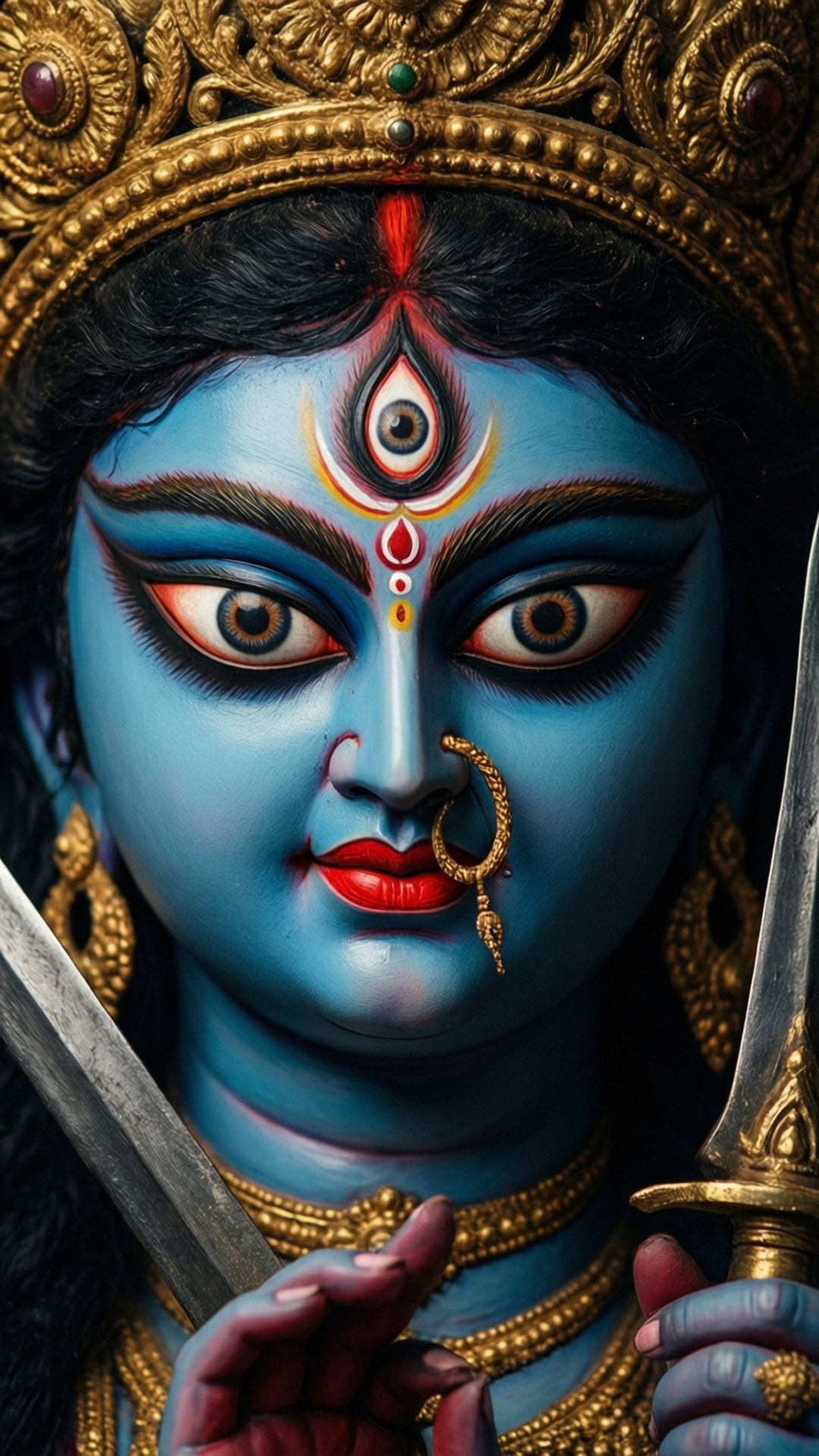 Intense Durga Portrait 壁紙 — 藍皮膚印度女神特寫，戴金冠、有第三隻眼，手持劍