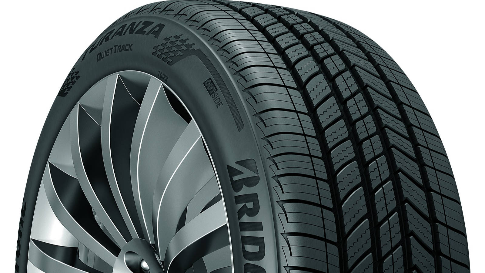 標誌 桌布 壁紙 — Bridgestone Turanza QuietTrack 輪胎安裝在時尚銀合金輪圈上的特寫，背景為純白色。