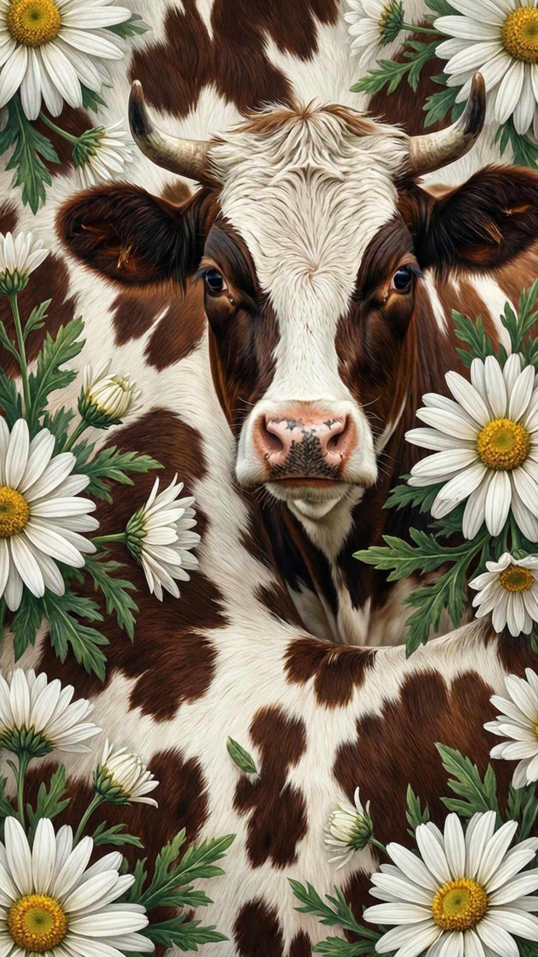 Cow Print with Daisies 壁紙 — 一頭有角的棕白斑點牛的近照，被白色雛菊和綠葉環繞。