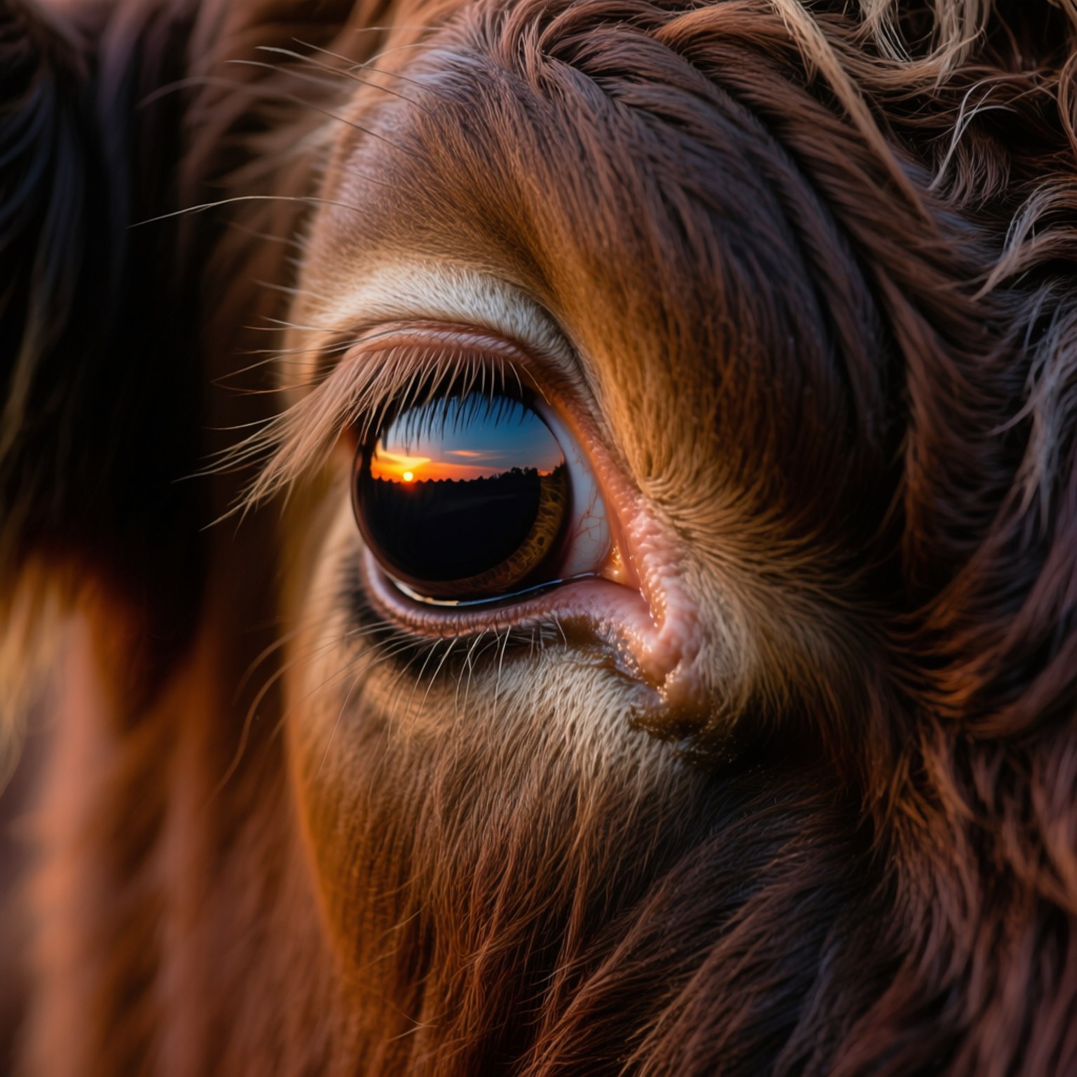 Ox Eye 壁紙 — 一隻棕色動物眼睛的特寫，反射出剪影景觀上充滿活力的日落。