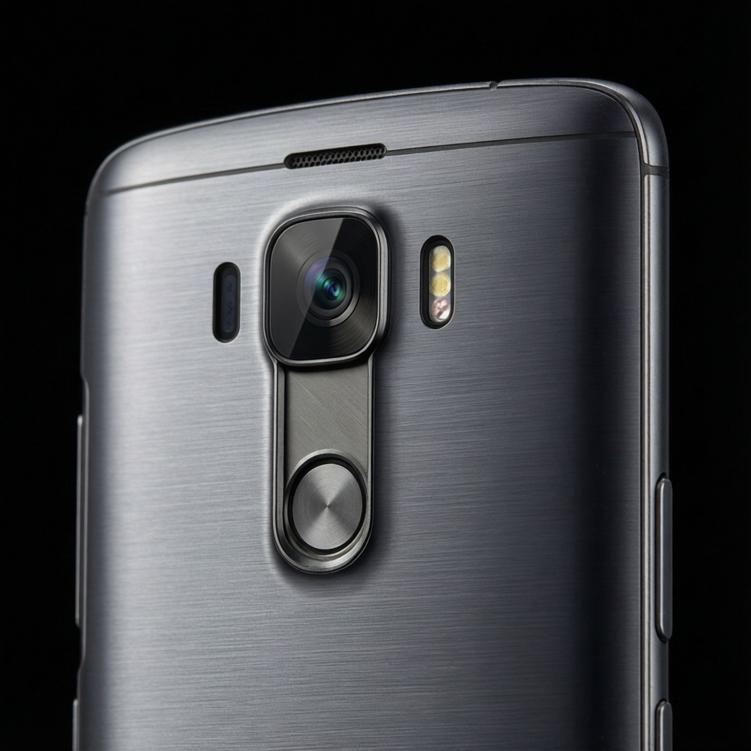 LG G3 Camera Detail 壁紙 — 黑色背景上，拉絲金屬智慧型手機背面的特寫，帶有突出的相機鏡頭閃光燈和指紋感測器。