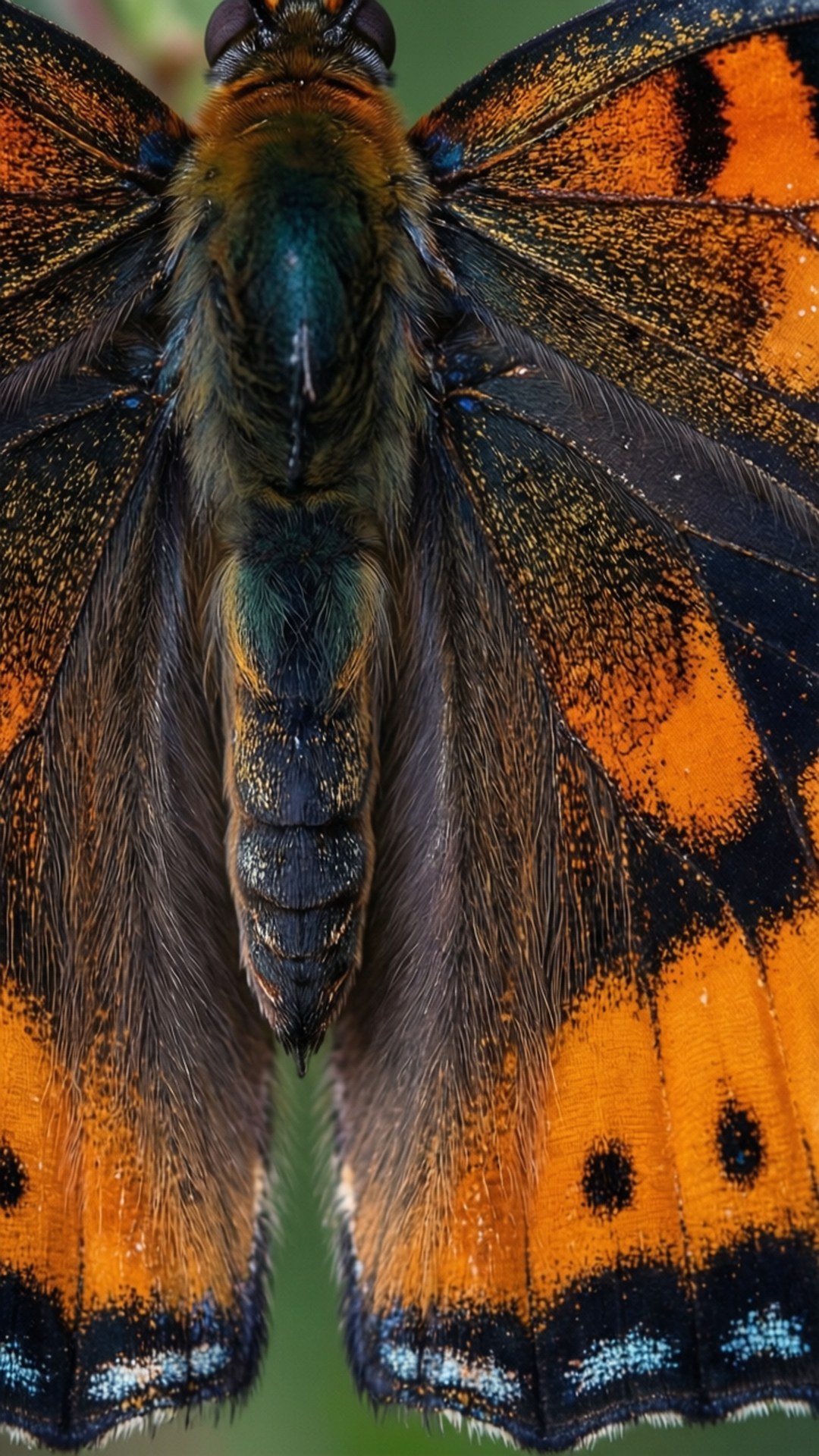 Butterfly Wing Detail 壁紙 — 一隻蝴蝶的特寫，擁有鮮豔的橙色翅膀，邊緣呈黑色和藍色，顯示出細小的毛狀鱗片和詳細的翅膀圖案。