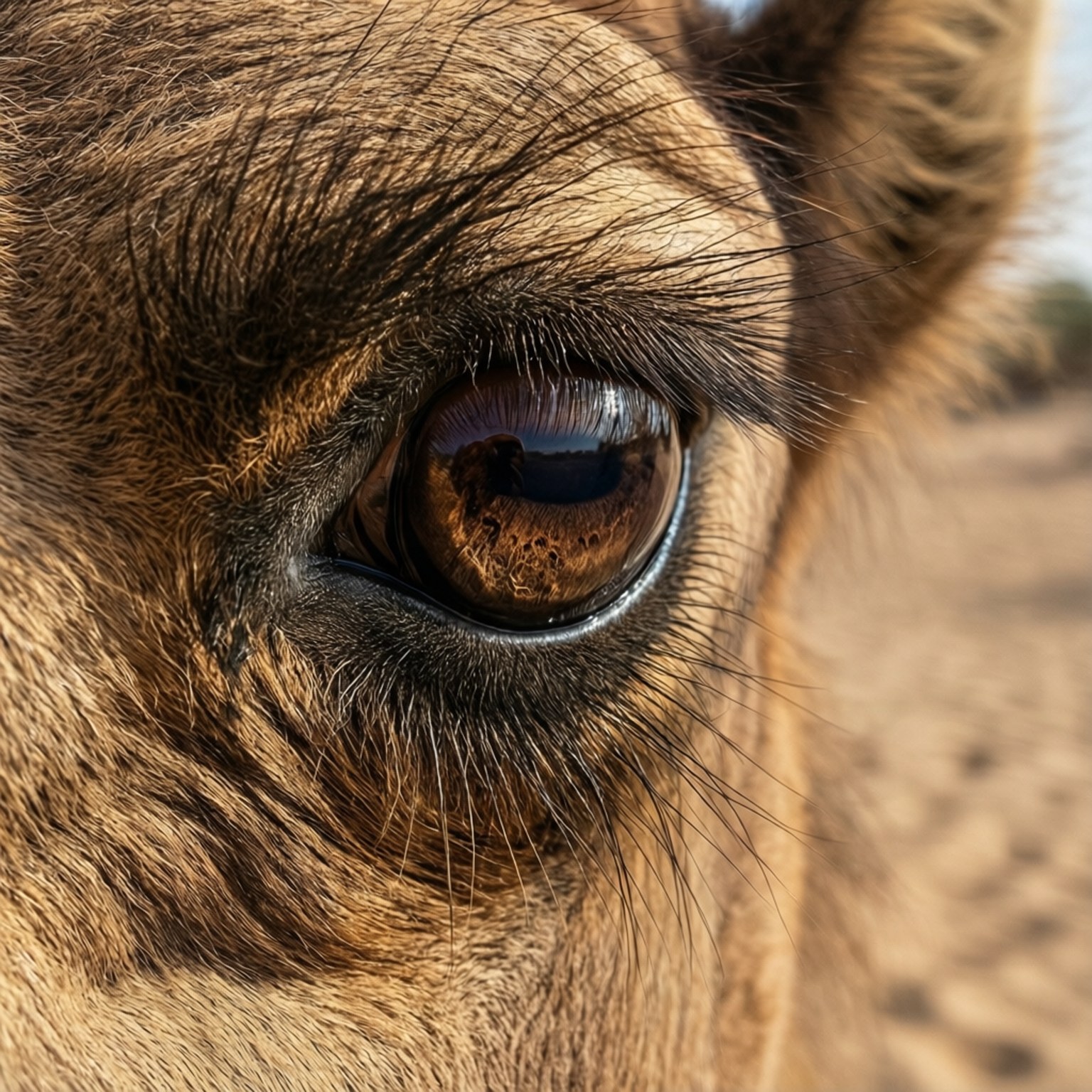 Camel Eye Close-Up 壁紙 — 駱駝眼睛的特寫，擁有豐富的棕色虹膜和長長的睫毛，以沙質背景襯托。