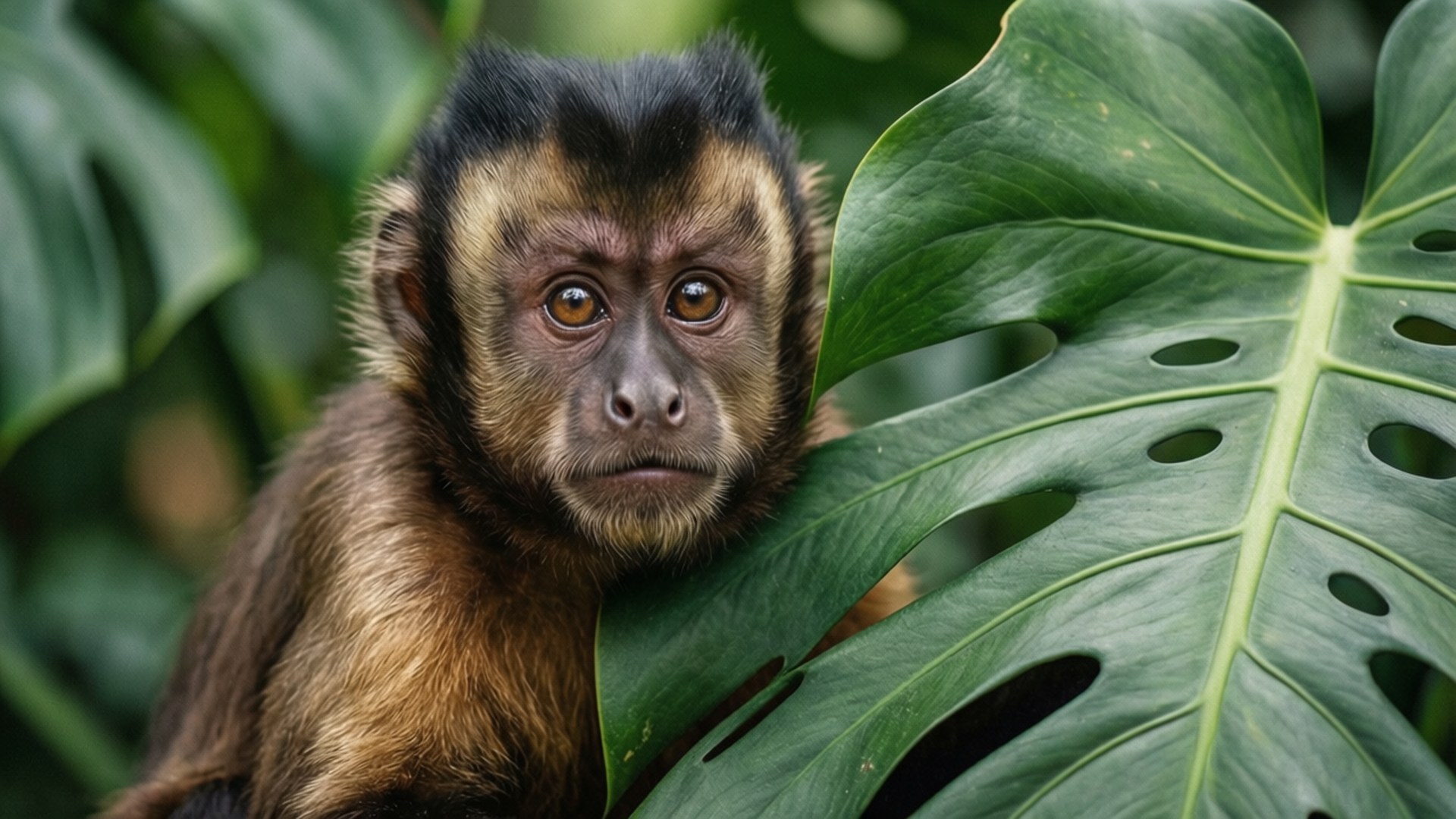 Curious Capuchin Peek 壁紙 — 一隻捲尾猴近距離特寫，擁有富表情的棕色眼睛，從茂密叢林中一片大型綠色龜背竹葉後探出頭來。