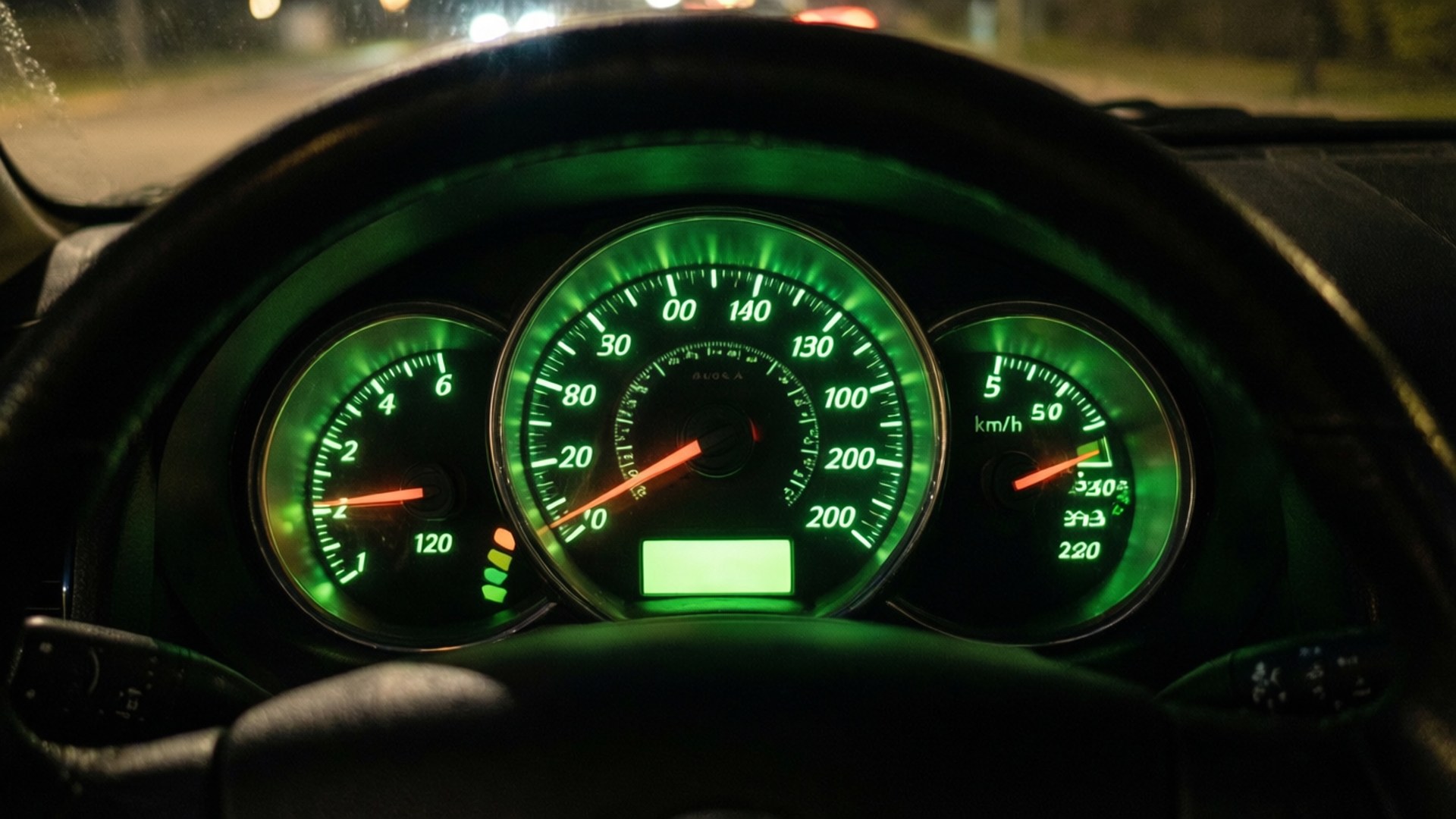 Saab 桌布 壁紙 — 夜間汽車綠色發光儀表板特寫，顯示速度計和儀表。