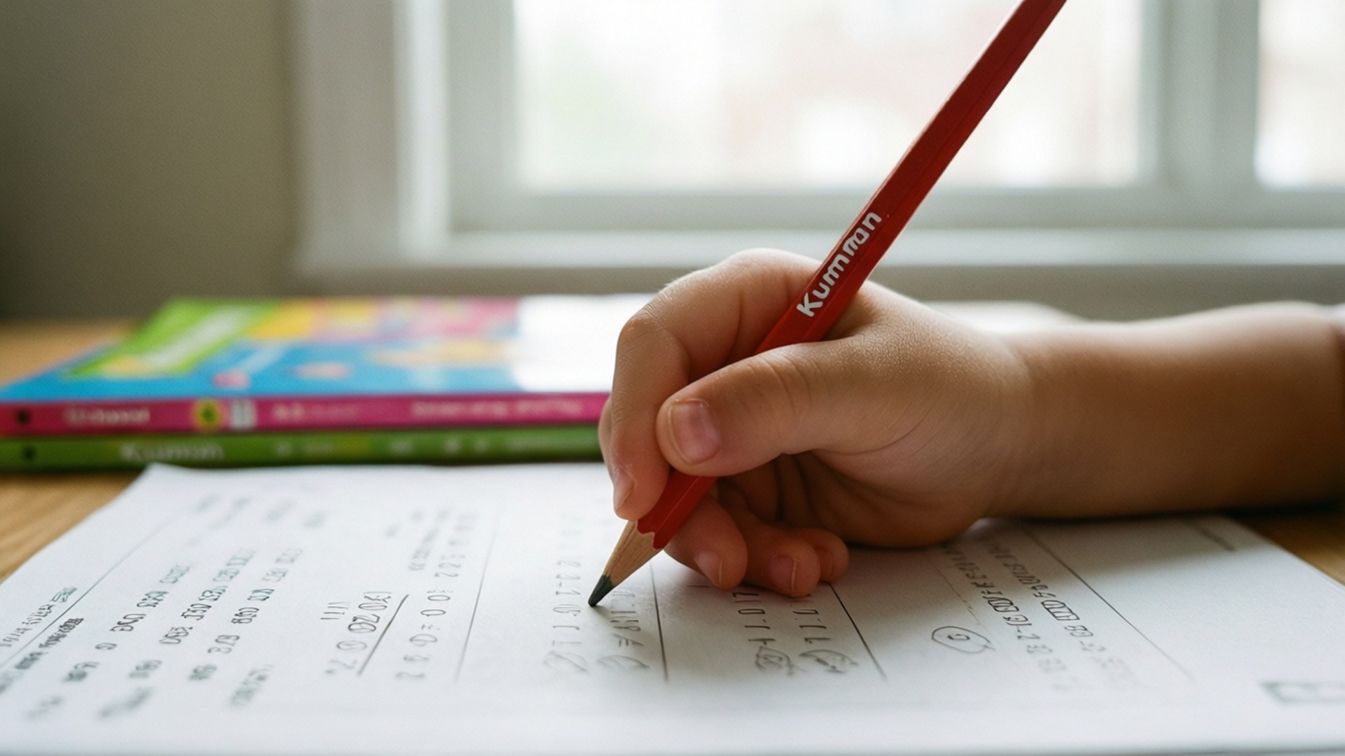Kumon 桌布 壁紙 — 一個孩子的手的特寫，用紅色鉛筆在窗邊的工作紙上書寫，伴隨著柔和自然光。