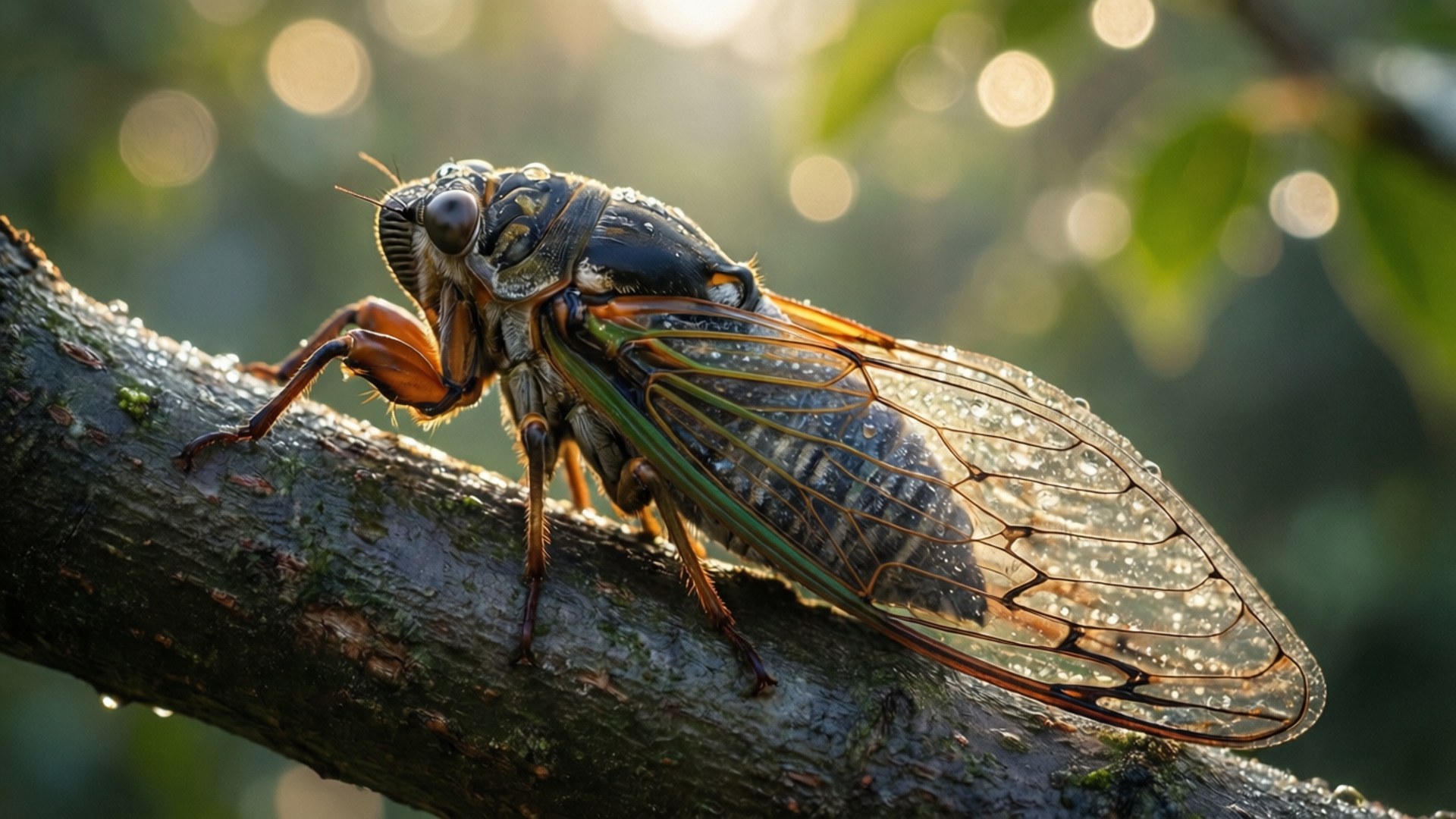 Morning Dew Cicada 壁紙 — 一隻蟬棲息在長滿苔蘚的樹枝上，露珠在柔和的金色陽光下閃閃發光的特寫。