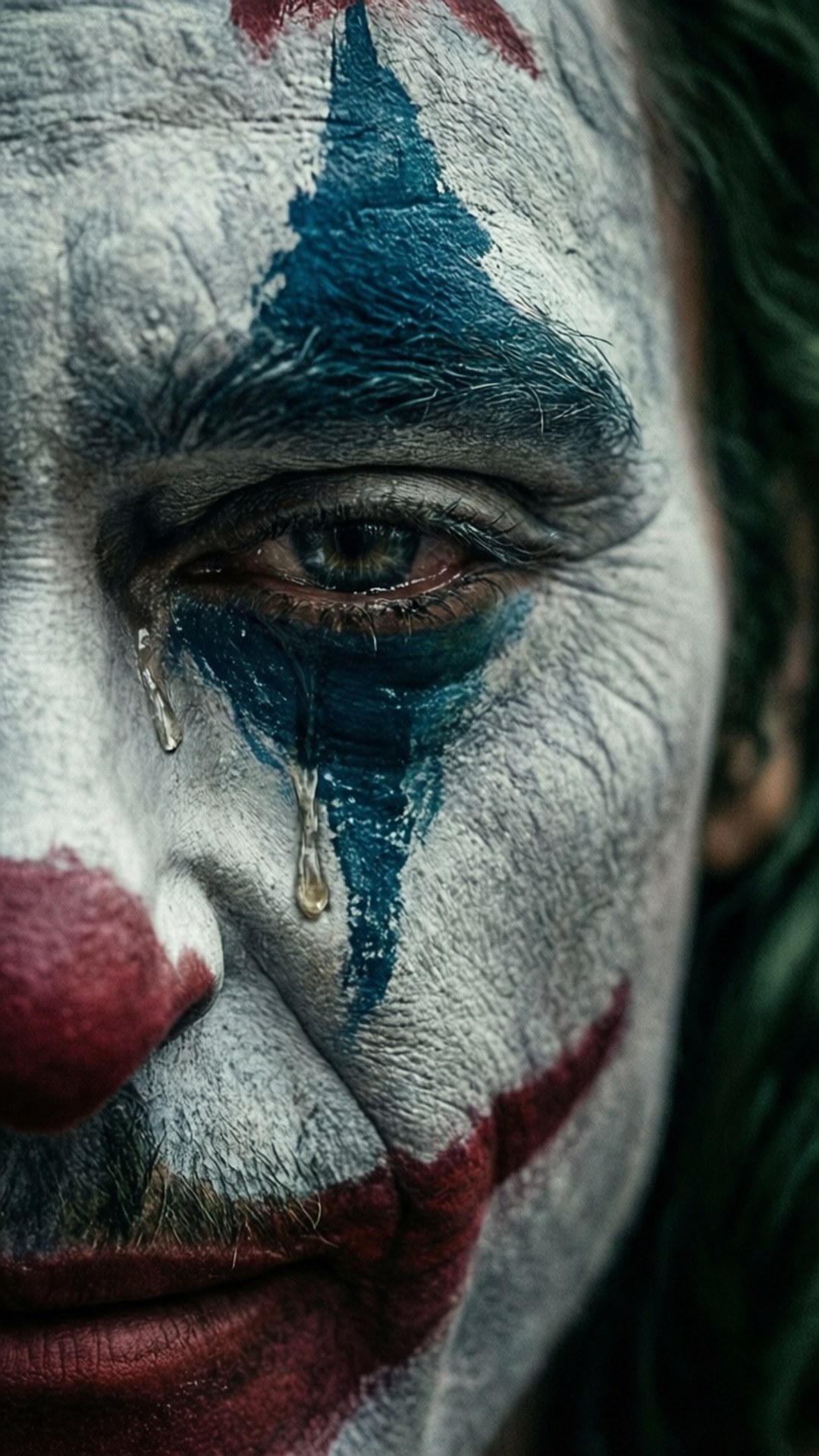 Tearful Clown Portrait 壁紙 — 小丑臉部特寫，白色化妝、藍色淚痕和紅唇，一滴淚水順著臉頰流下。