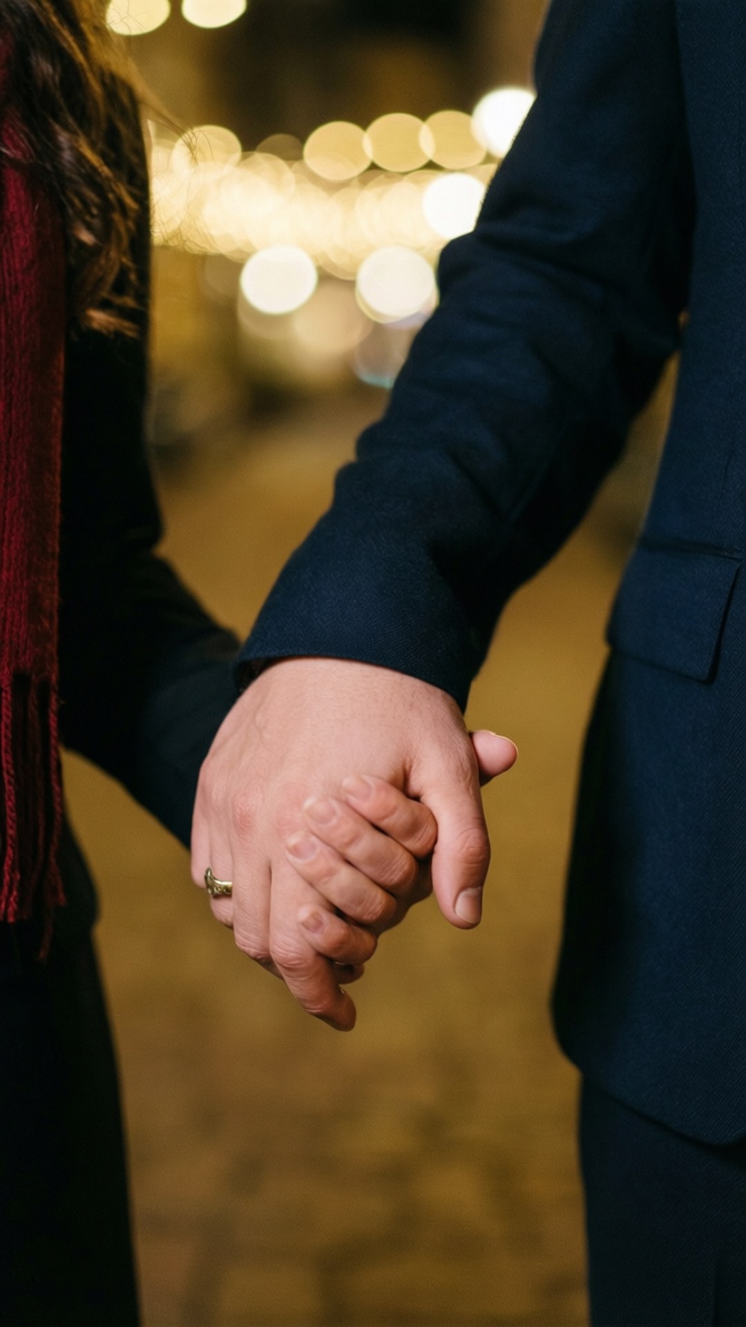 I Love My Bf 桌布 壁紙 — 一對情侶的手在夜晚緊握的特寫，背景有溫暖的散景燈光。