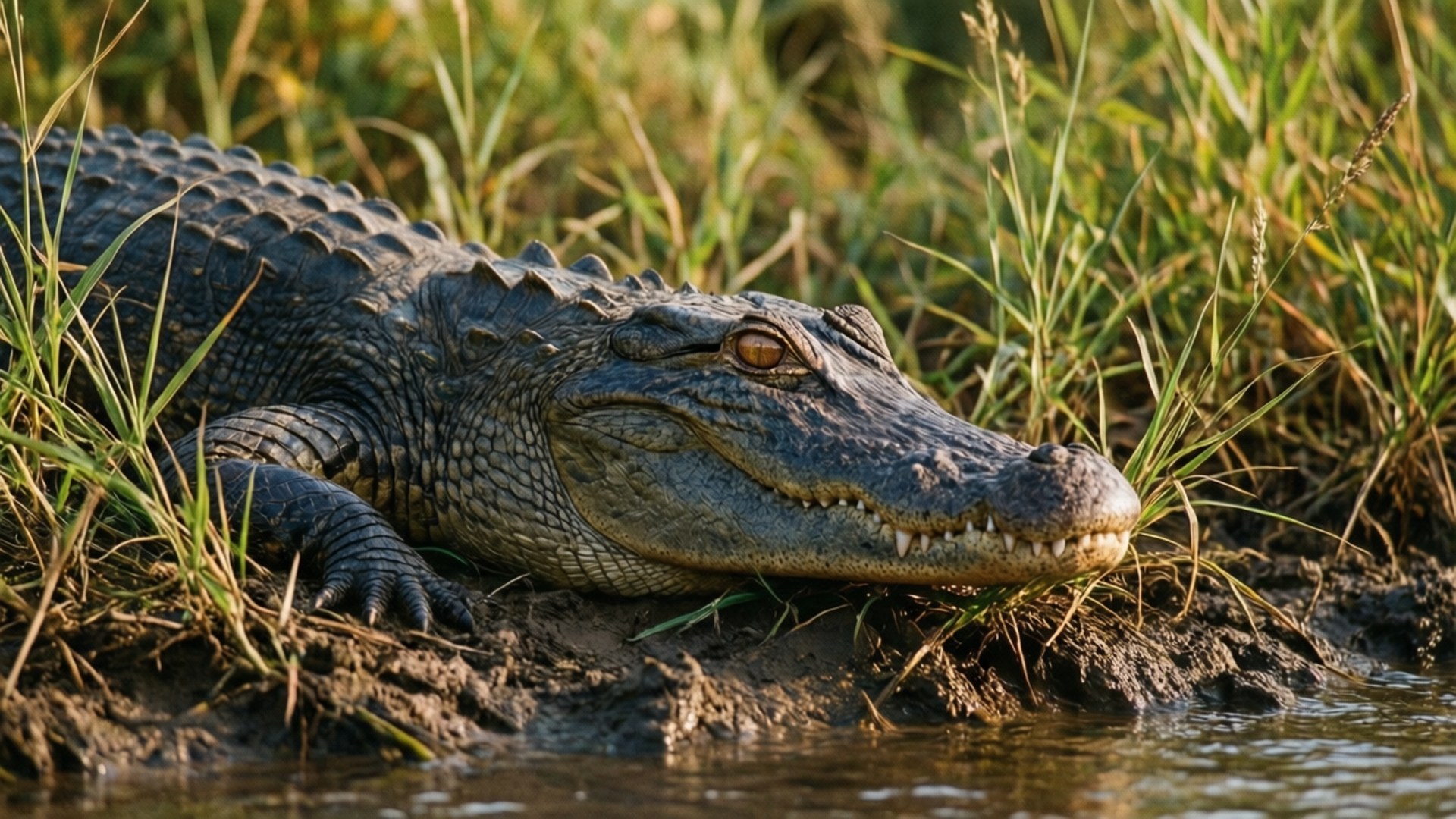 Resting Alligator Riverbank 壁紙 — 鱷魚在水邊休息的特寫，周圍有草和泥巴。