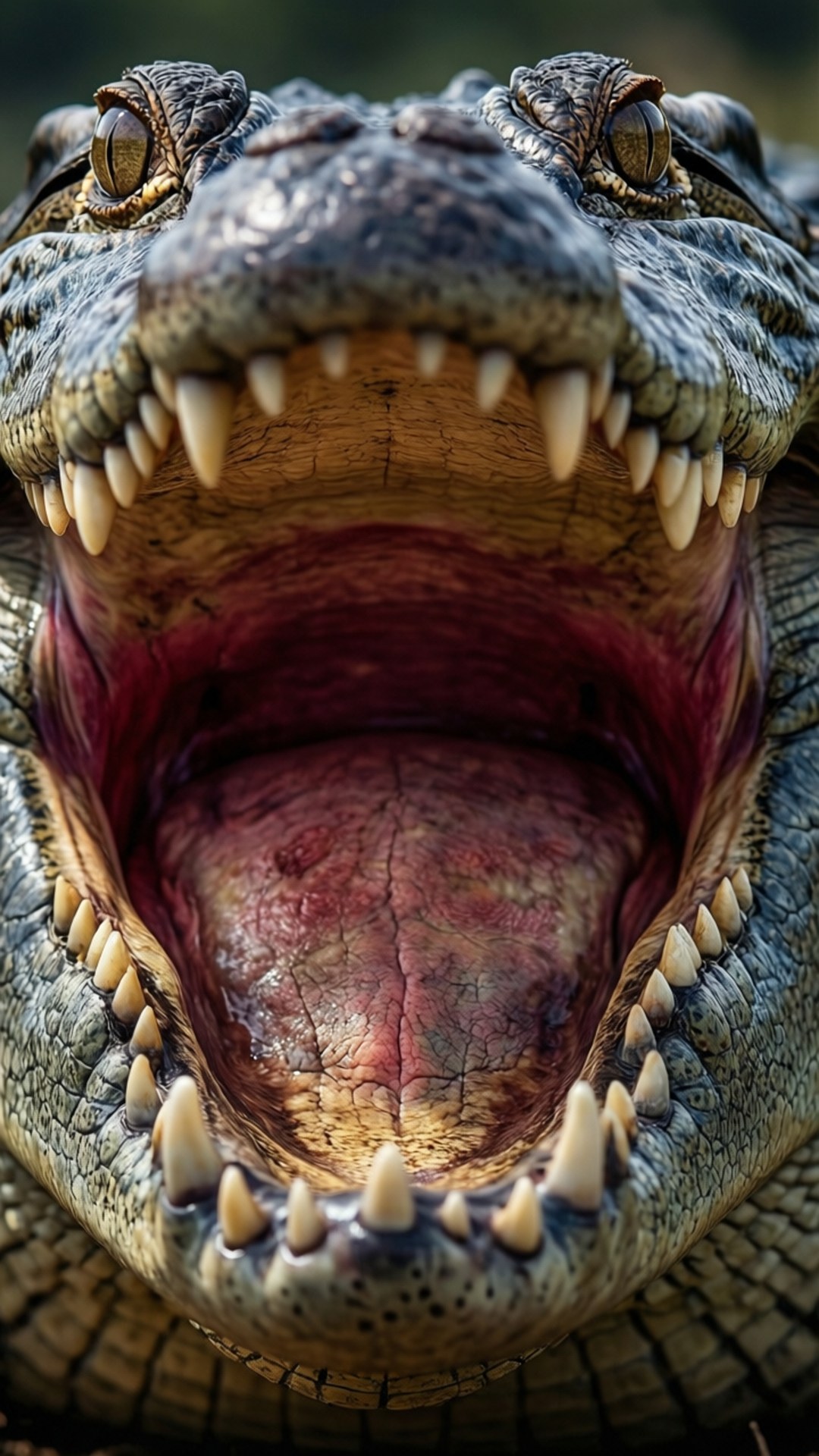 Alligator Open Mouth Macro 壁紙 — 鱷魚的近距離特寫，嘴巴大張，露出鋒利的牙齒和粉紅色的舌頭。
