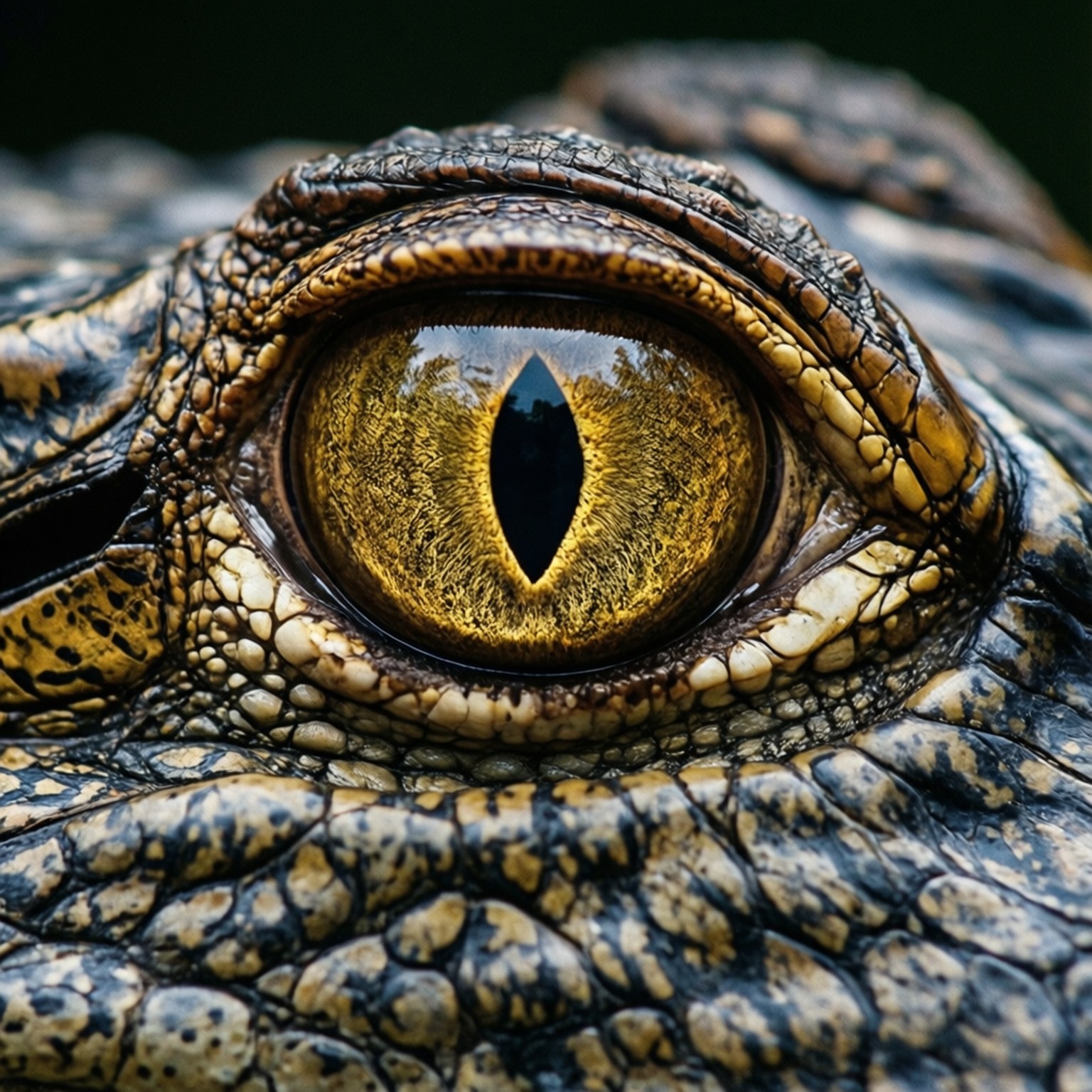 Reptilian Eye 壁紙 — 鱷魚眼睛的特寫，金色虹膜和垂直裂縫瞳孔，周圍是紋理鱗片。