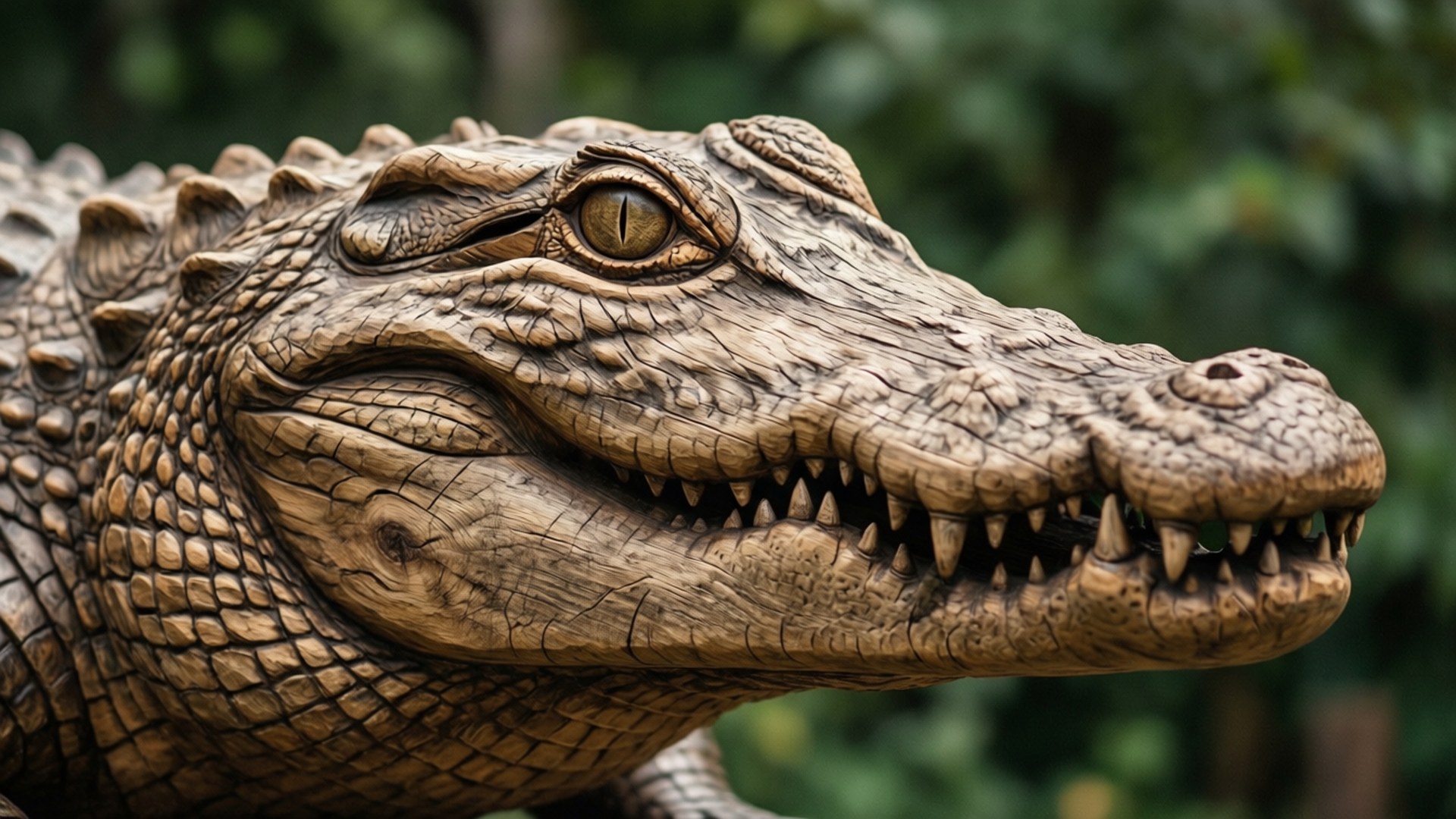 Alligator 桌布 壁紙 — 鱷魚頭部特寫，細節鱗片和鋒利牙齒，背景模糊綠色。