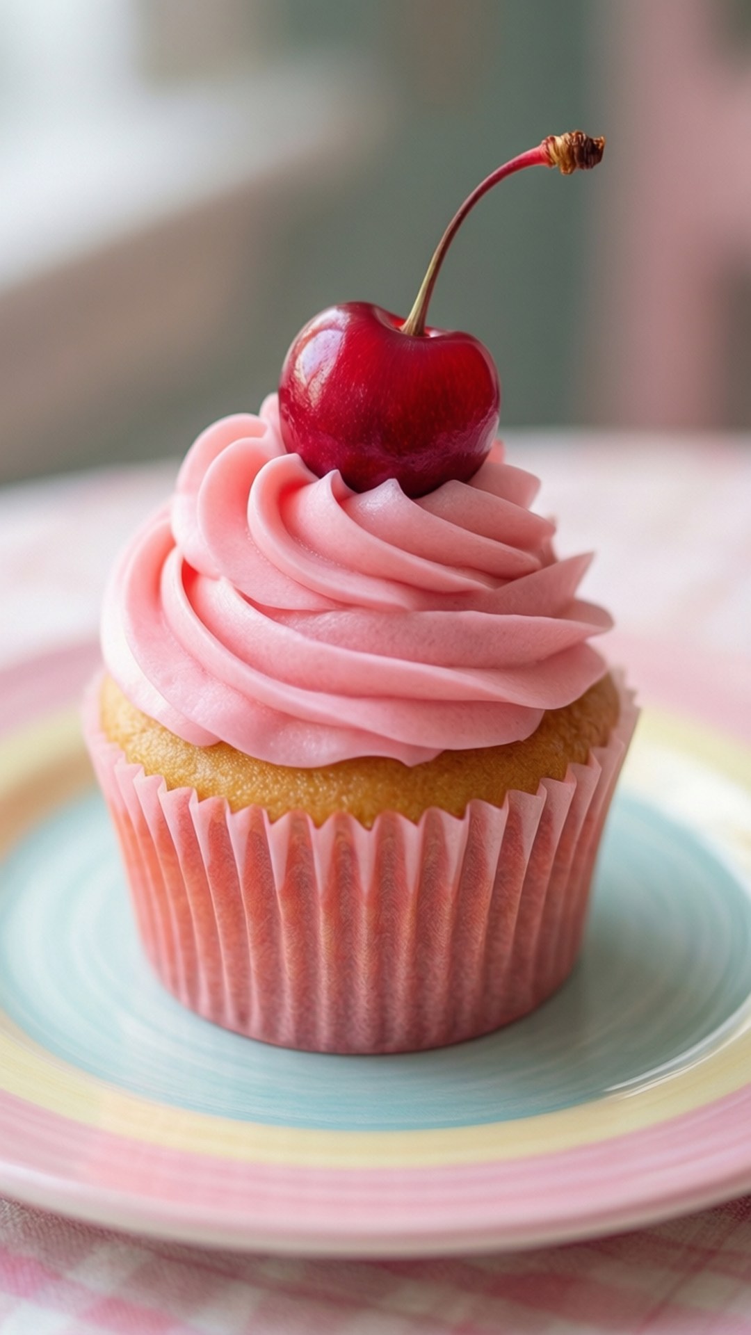 Pink Cupcake Cherry 壁紙 — 一個紙杯蛋糕的特寫，上面有粉紅色糖霜和光澤櫻桃，放在一條粉彩條紋盤上。