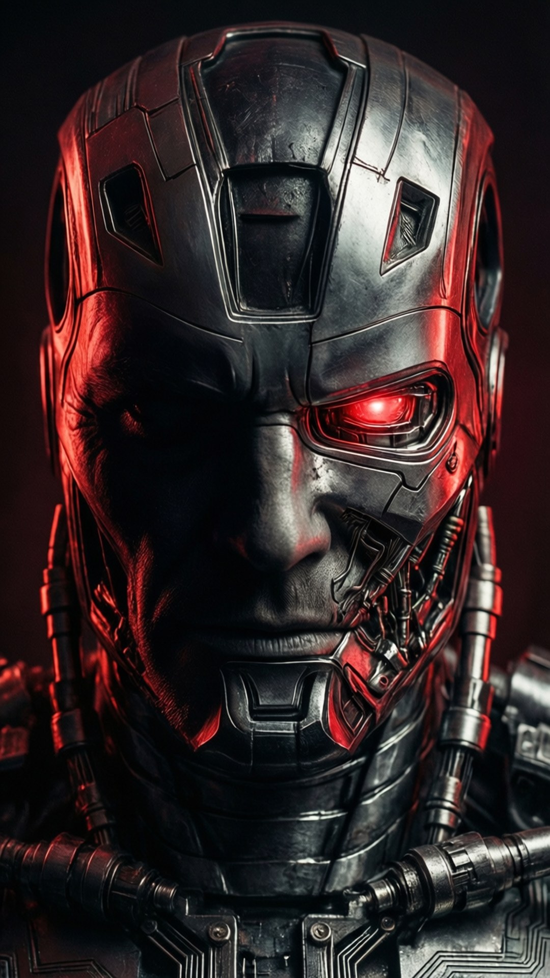 Ultron in Shadow 壁紙 — 近距離拍攝一個網路戰士的頭盔，在戲劇性的紅光下，帶有發光的紅色眼睛和金屬質感。