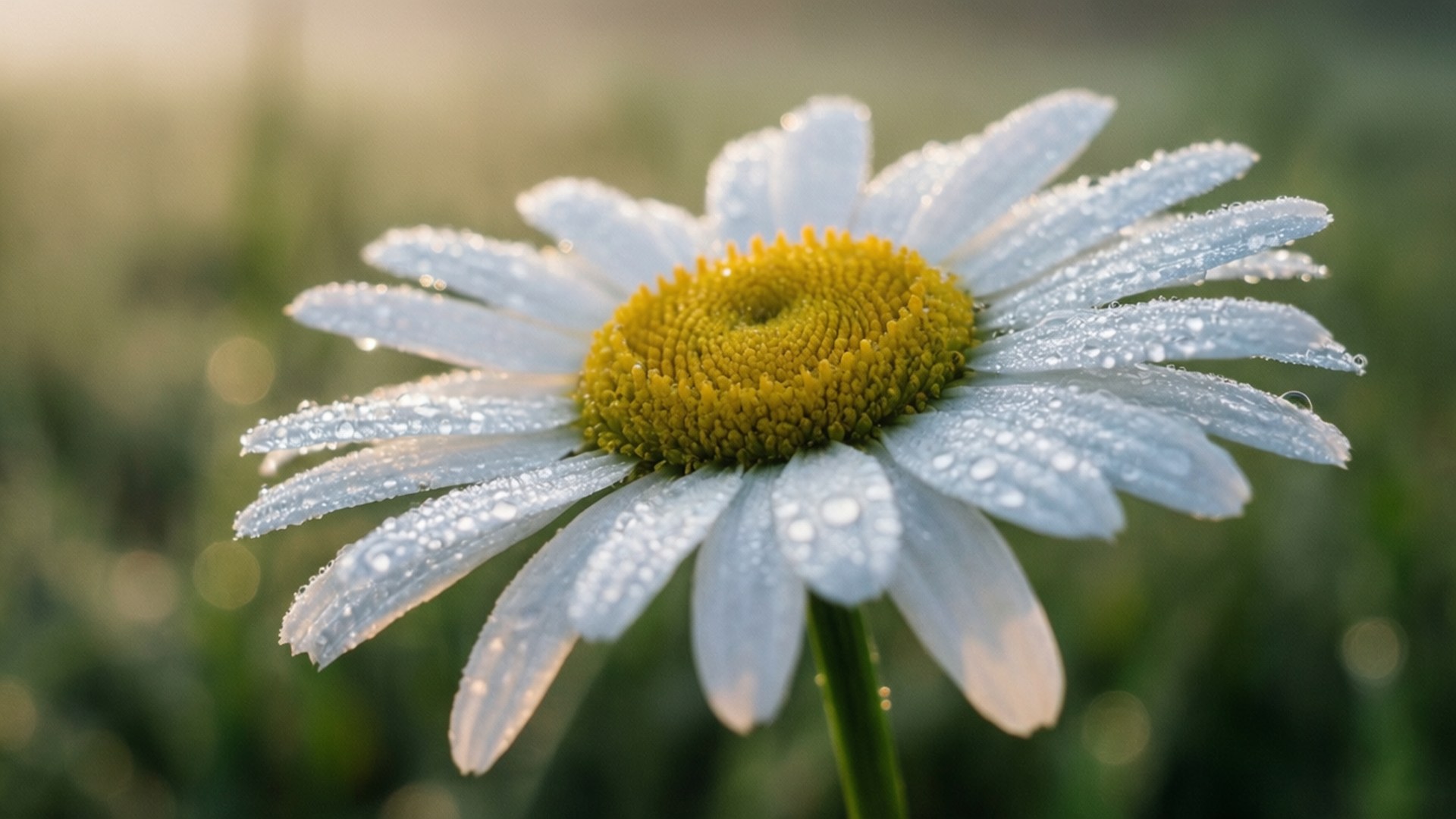 Dewy White Daisy Macro 壁紙 — 雛菊的特寫，白色花瓣和黃色花心在柔和的綠色背景下閃爍著露珠。