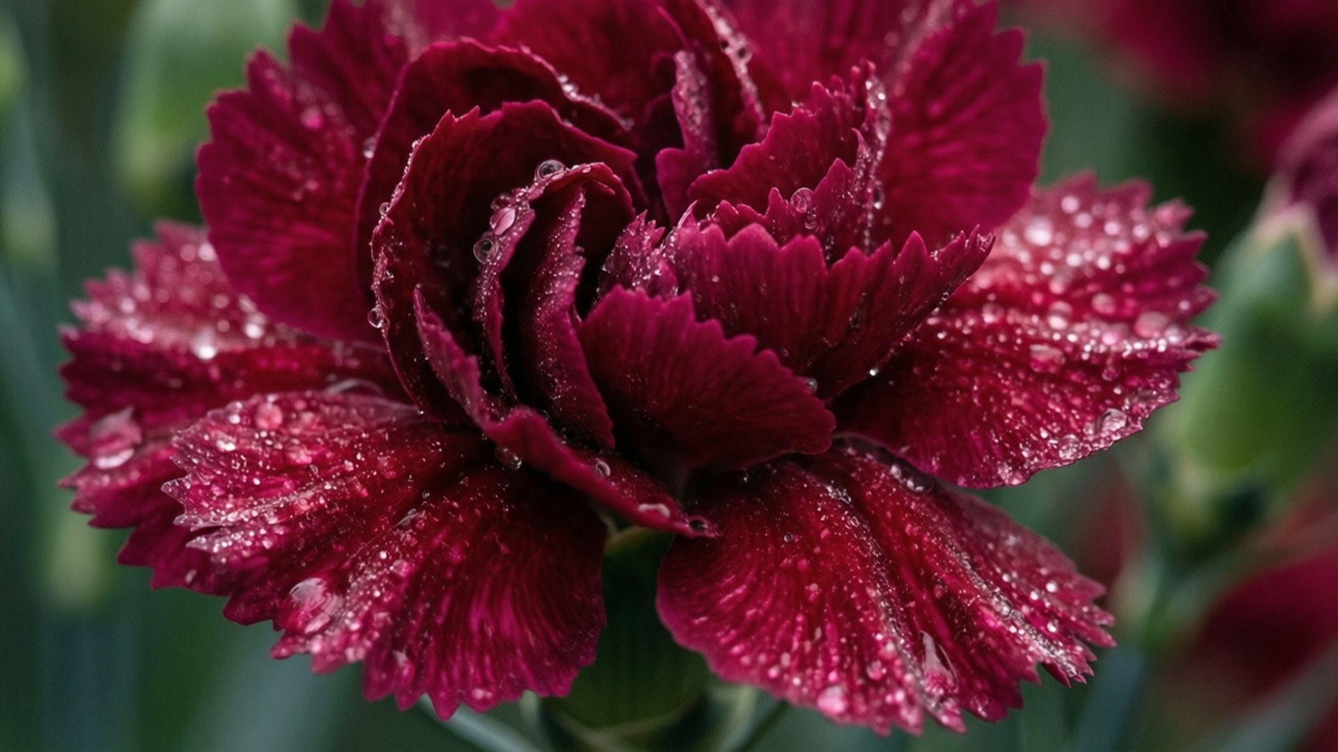 Burgundy Carnation Dew 壁紙 — 深紅色康乃馨的特寫，露珠在其褶皺花瓣上閃閃發光，背景是模糊的綠色。
