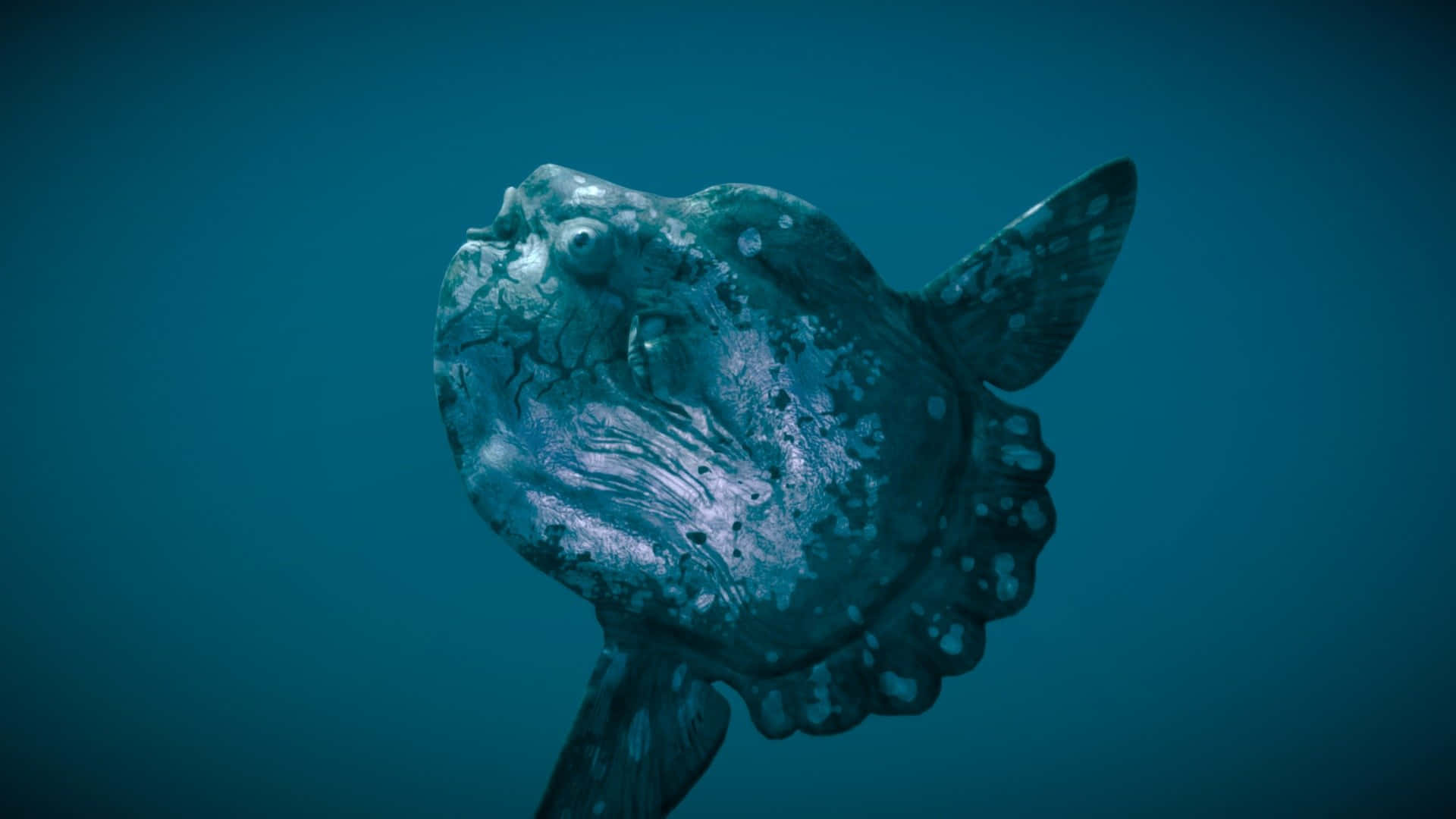  壁紙 — 深海魚的特寫，具有紋理皮膚和大眼睛，在深藍色海洋背景下微弱發光。