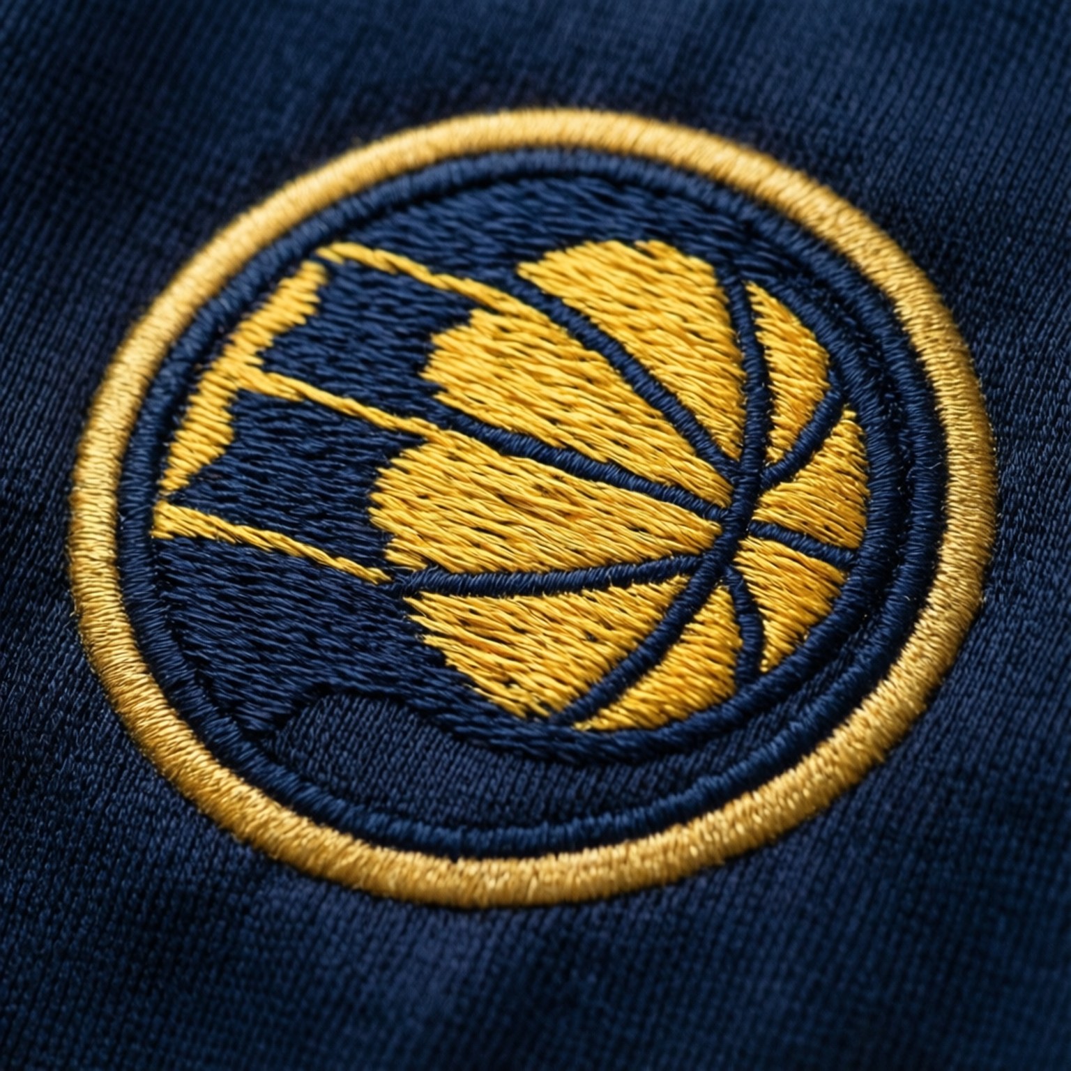Embroidered Pacers Logo 壁紙 — 特寫：金色和深藍色刺繡籃球標誌，細節豐富，位於有紋理的布料上。