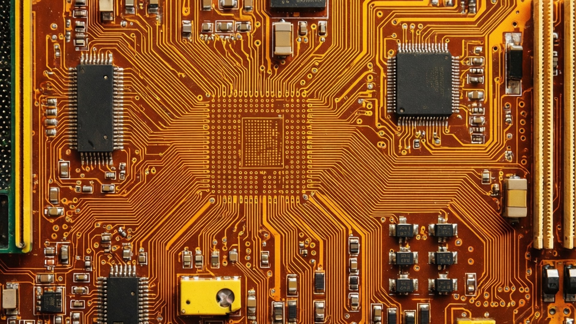 Retro Circuit 壁紙 — 橙色電路板特寫，細節豐富，帶有複雜的金色路徑和黑色集成電路。