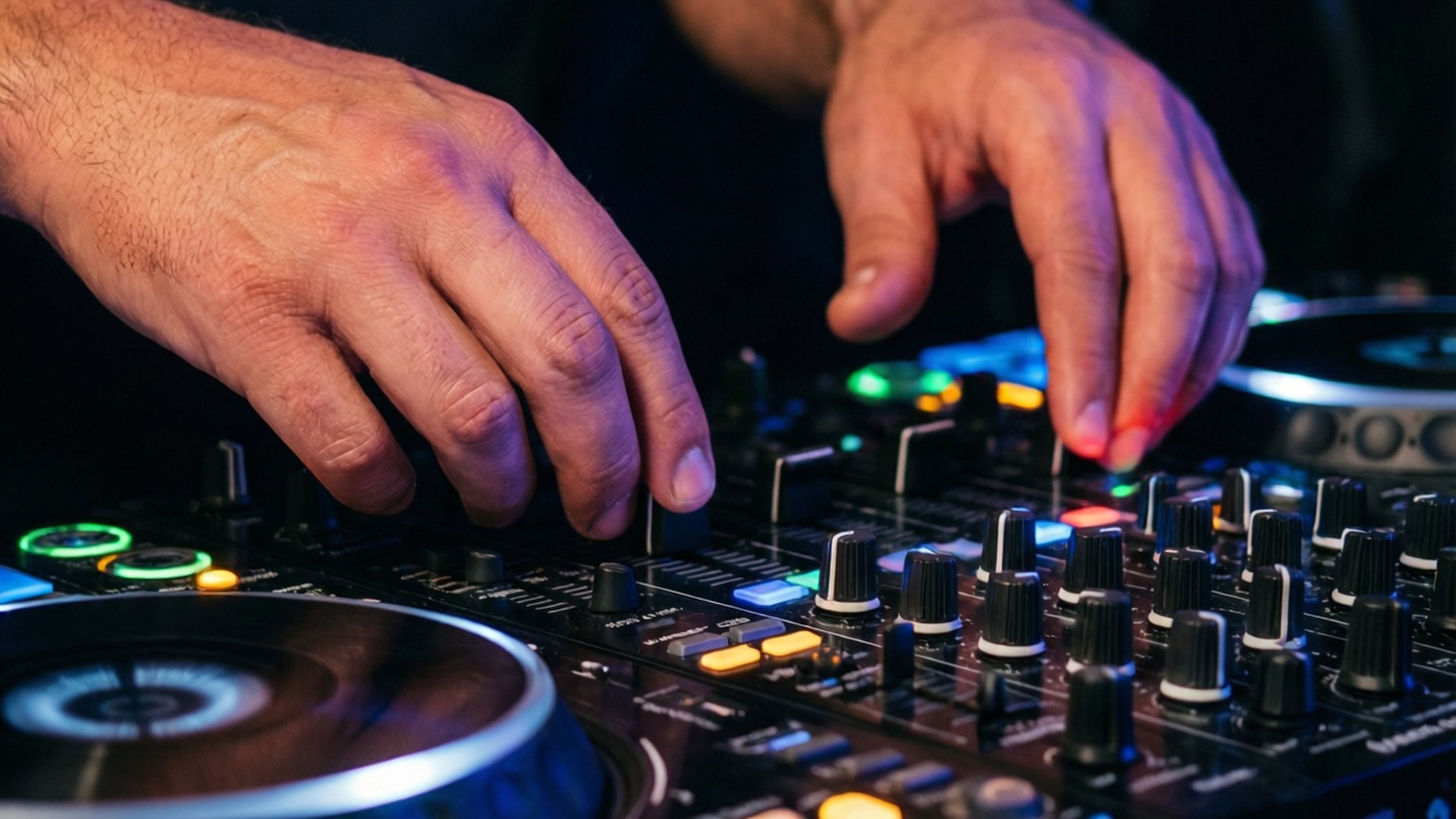 DJ Hands on Mixer 壁紙 — DJ雙手在彩色舞台燈光下調整發光黑色混音器上的旋鈕和滑塊的特寫。