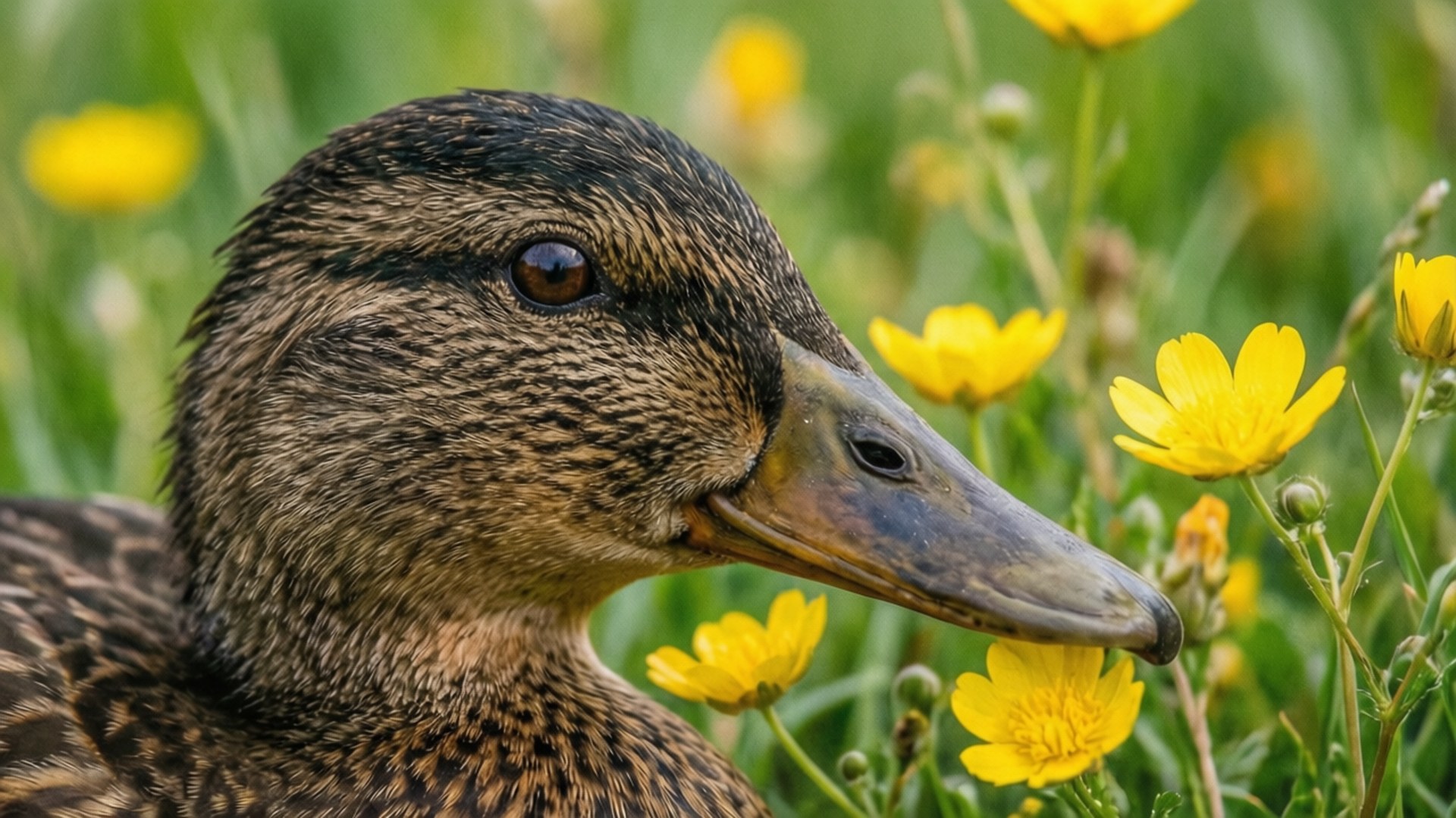 Wildflower Gaze 壁紙 — 鴨頭的近距離特寫，有詳細的棕色羽毛和灰色喙，周圍環繞著鮮黃色的花朵和綠草。