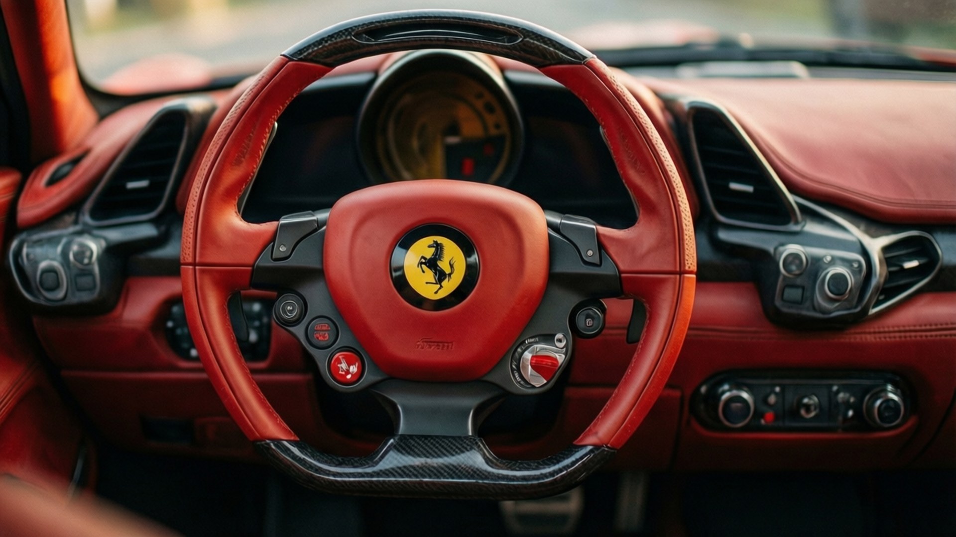 Ferrari Steering Detail 壁紙 — 法拉利方向盤特寫，紅色皮革搭配黃色躍馬標誌，位於豪華紅色內飾中央。