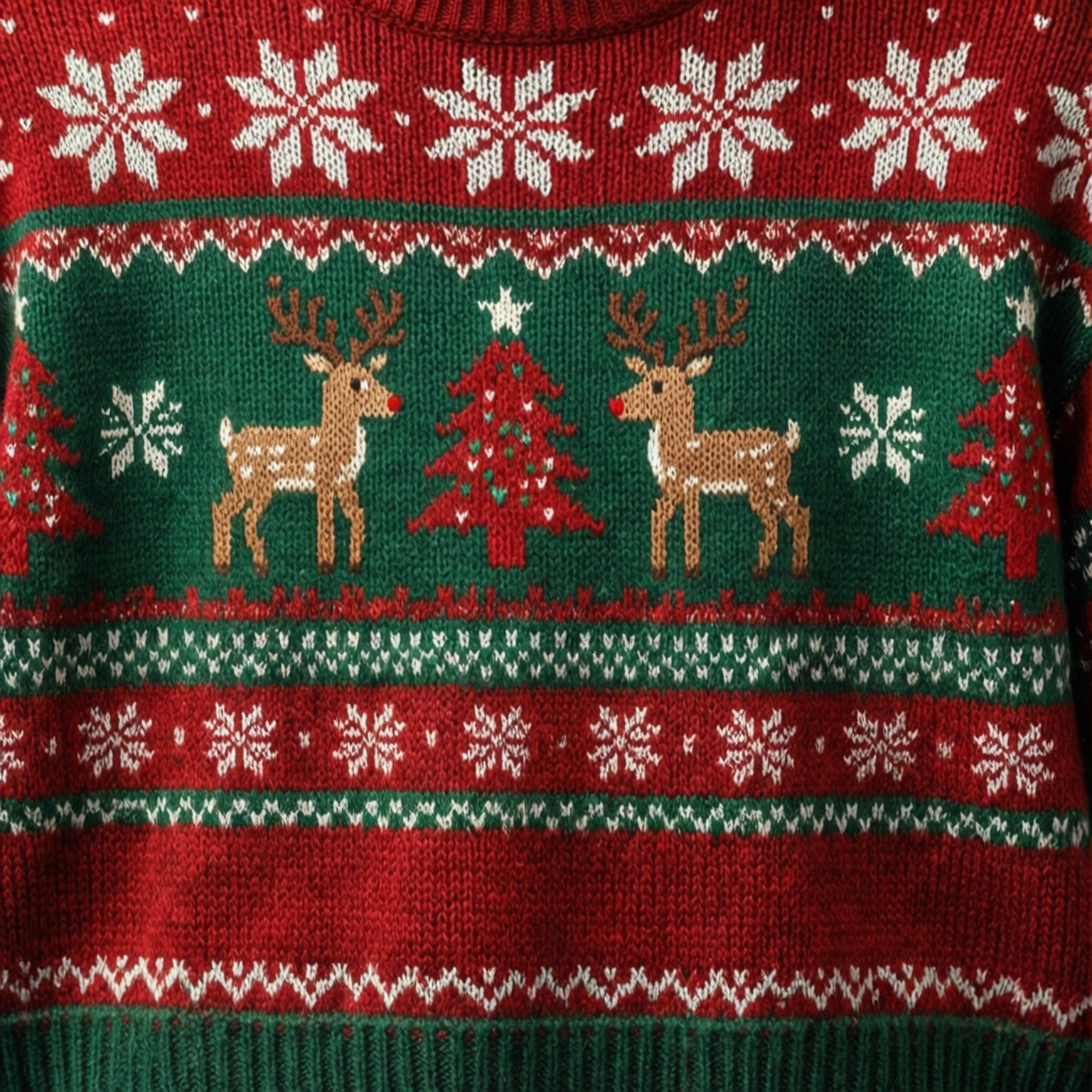 Christmas Shirt 桌布 壁紙 — 節日紅色和綠色針織毛衣的特寫，帶有馴鹿、樹木和雪花圖案。