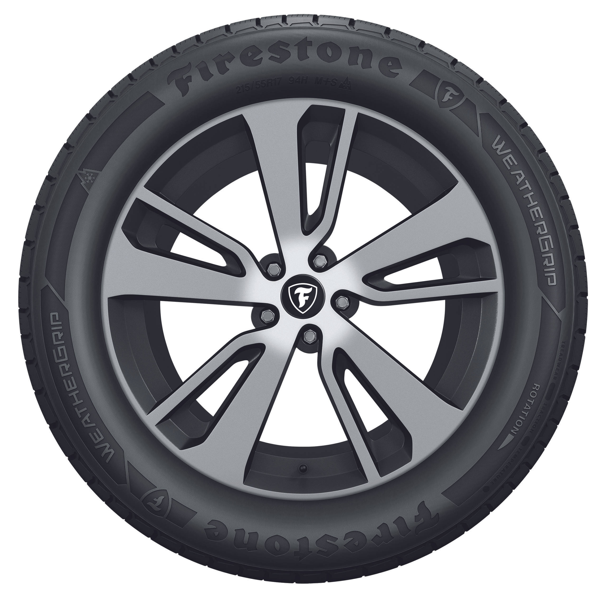 Firestone 桌布 壁紙 — Firestone WeatherGrip 輪胎的特寫，安裝在時尚的銀色合金輪圈上，採用現代多輻條設計。