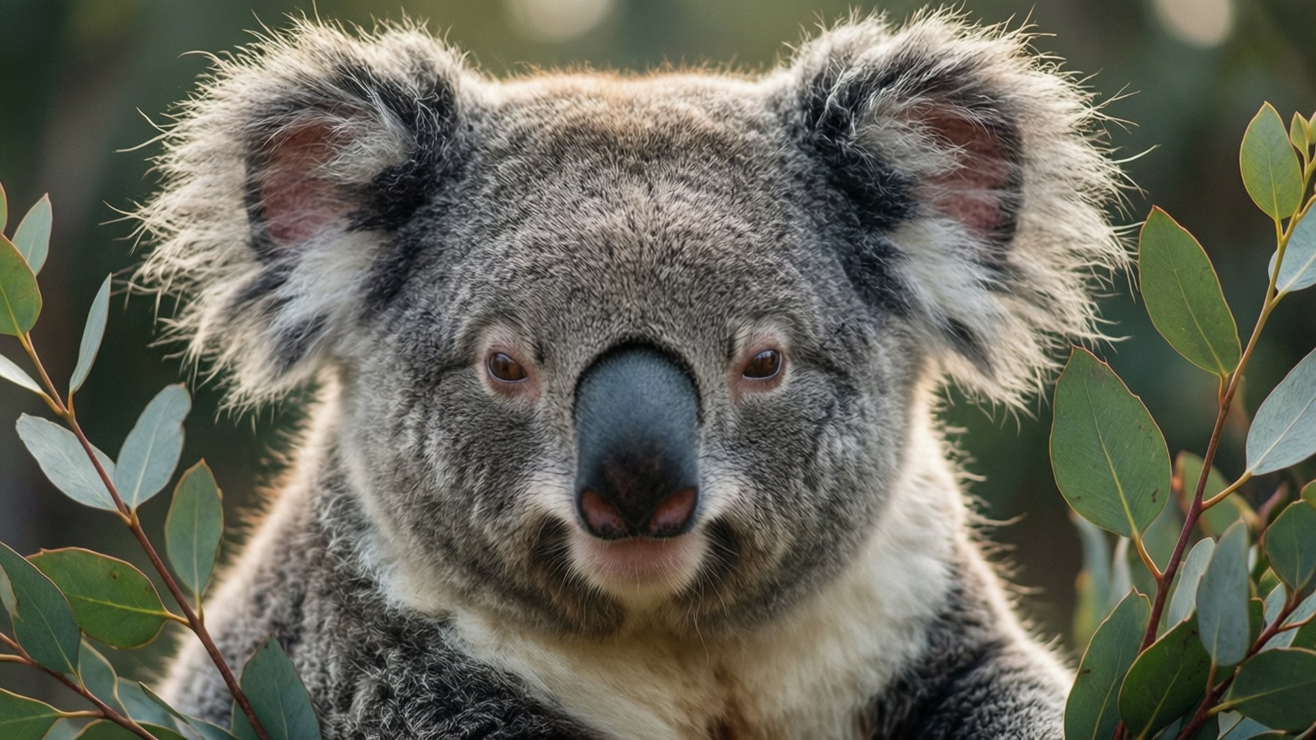 Koala Fur Fuzzy 壁紙 — 一隻毛茸茸的灰色無尾熊，有大耳朵和深色鼻子，從綠色桉樹葉中探出頭來的特寫。