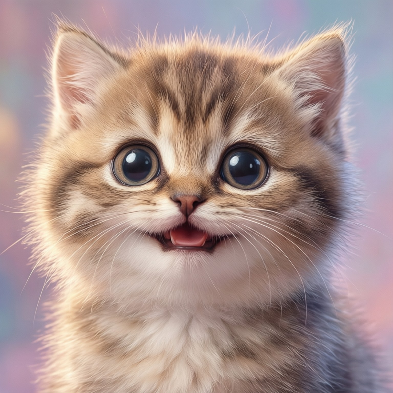Cute Cat Smile 壁紙 — 一隻毛茸茸的虎斑貓咪的特寫，牠有一雙又大又好奇的眼睛和細細的開口，背景是柔和的粉彩色模糊背景。