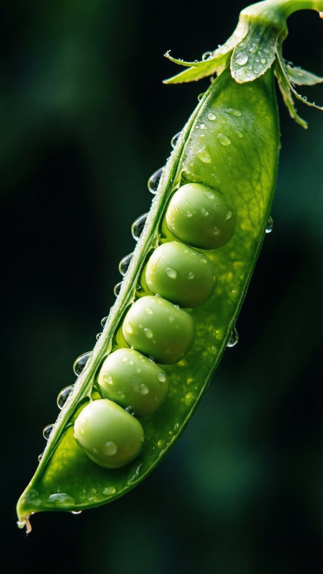 Green Pea Pod 壁紙 — 新鮮青豆莢的特寫，有五粒飽滿的豌豆，露珠在黑暗模糊的背景上閃閃發光。