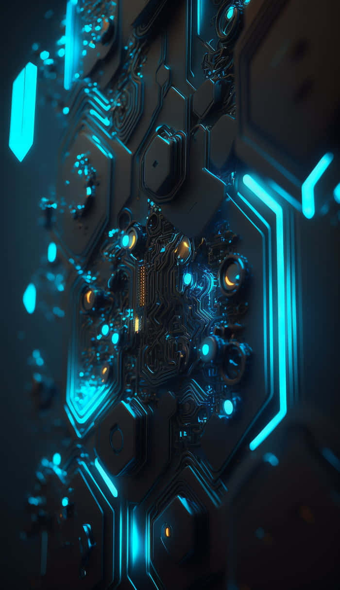  壁紙 — 未來電路板的特寫，在黑暗背景下散發出充滿活力的藍色和橙色光芒。
