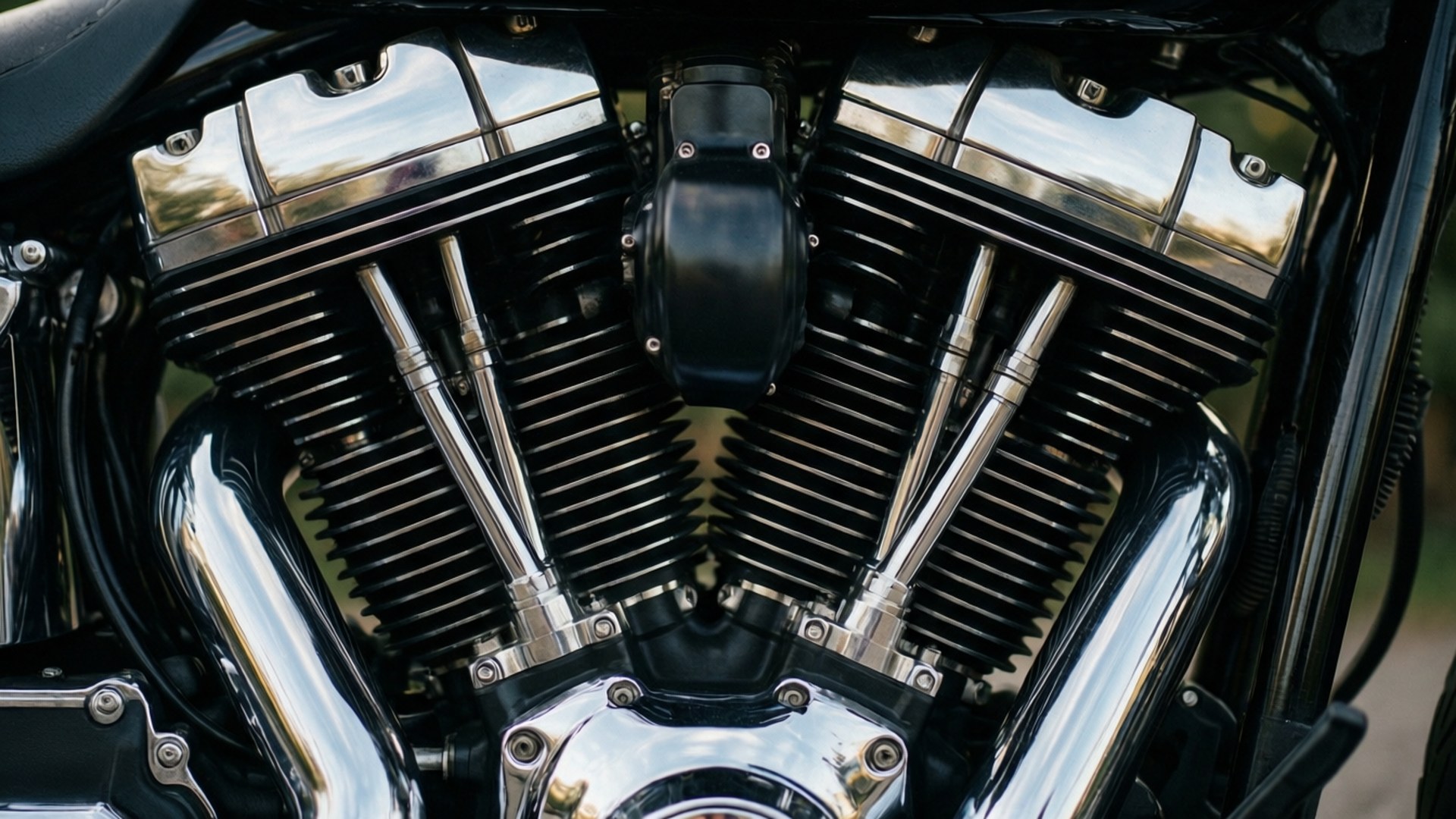 Chrome Engine Close-Up 壁紙 — 閃亮鍍鉻機車引擎的特寫，帶有黑色散熱片和拋光金屬部件。