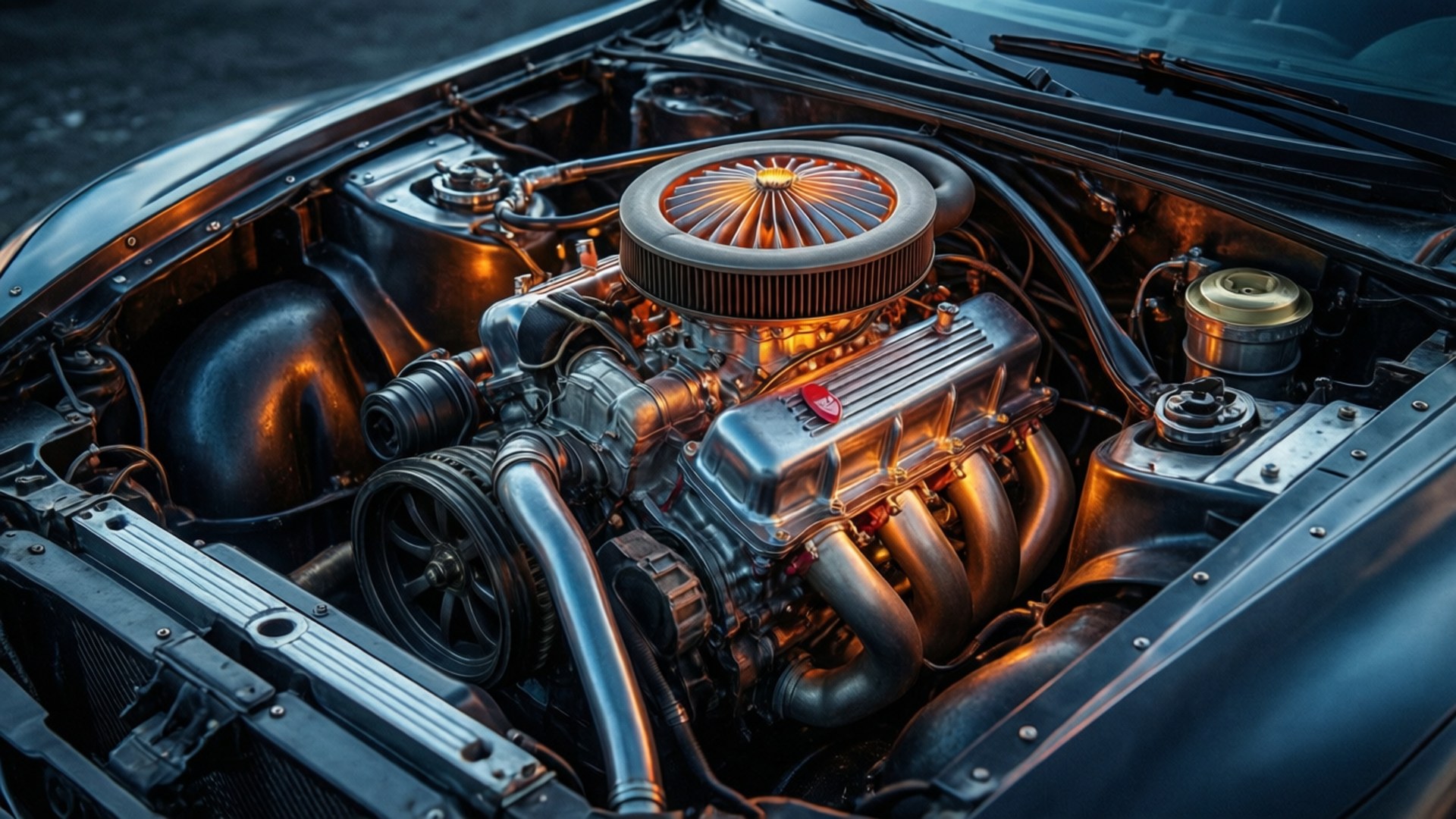 Engine Bay Glow 壁紙 — 特寫鏡頭：汽車引擎蓋下閃閃發光的鍍鉻V8引擎，沐浴在溫暖的金色光線中。