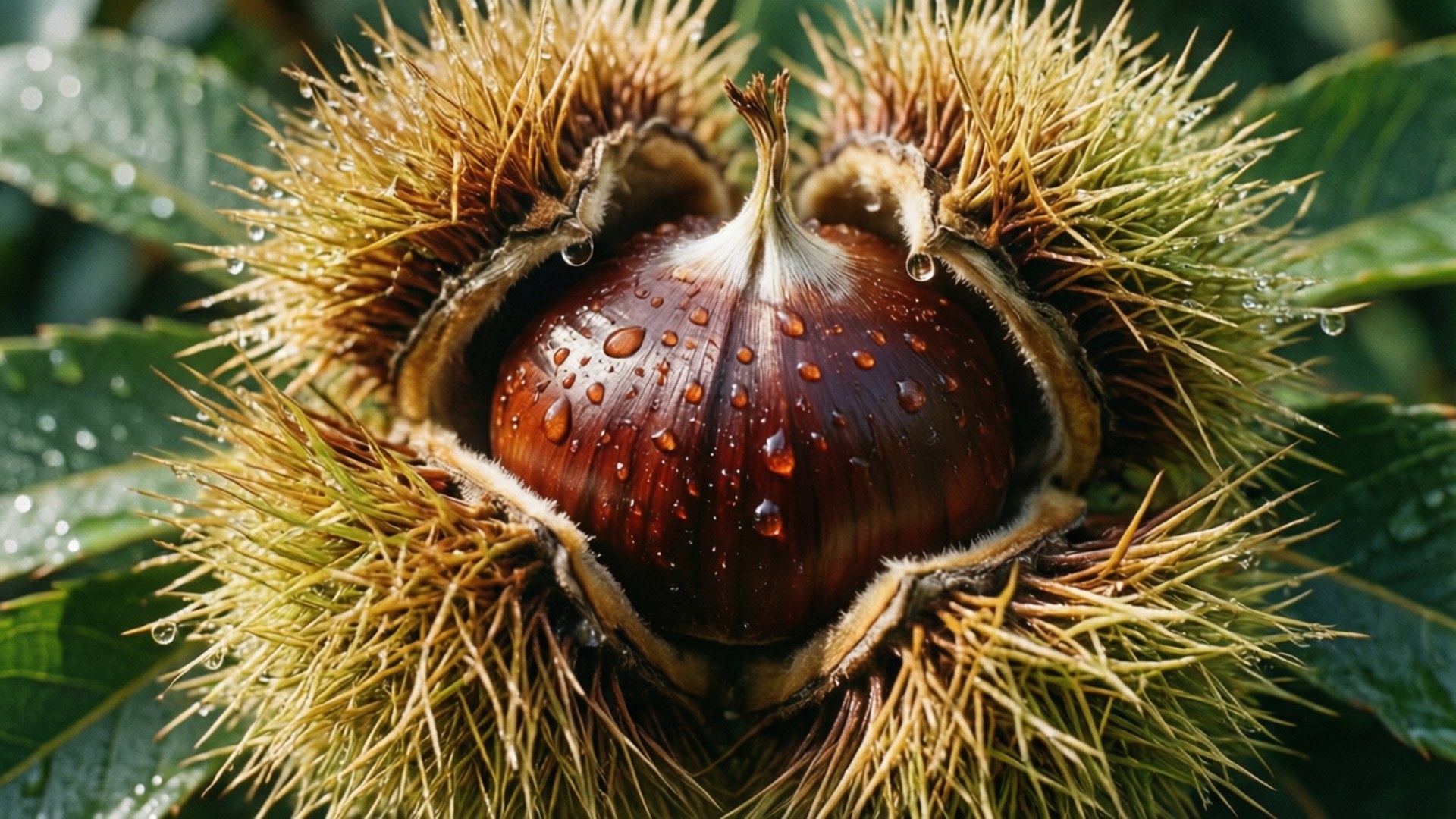 Chestnut 桌布 壁紙 — 一顆光澤的棕色栗子從其多刺的外殼中露出的特寫，露珠在堅果和葉子上閃閃發光。