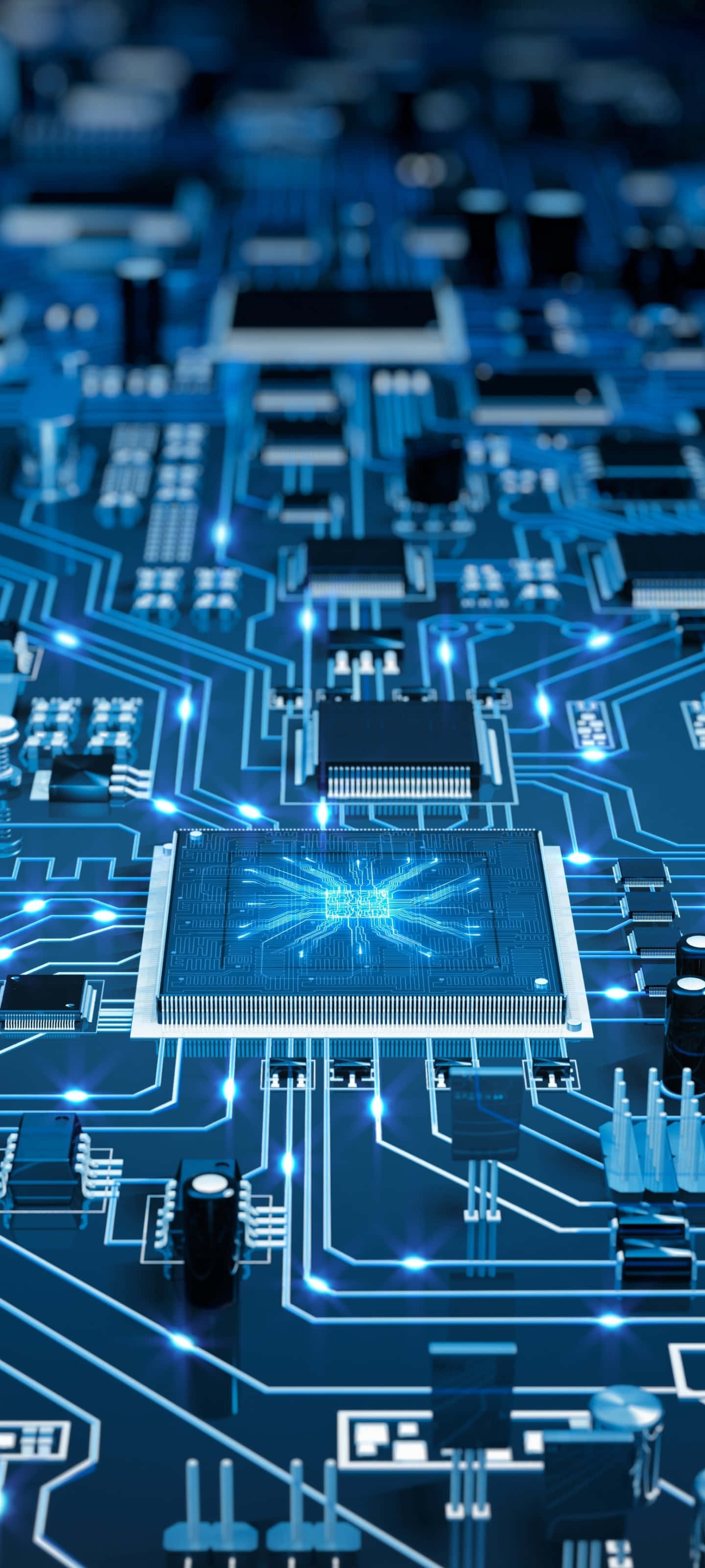 Chipset 桌布 壁紙 — 發光藍色電路板的特寫，中央處理器發出耀眼的光芒。