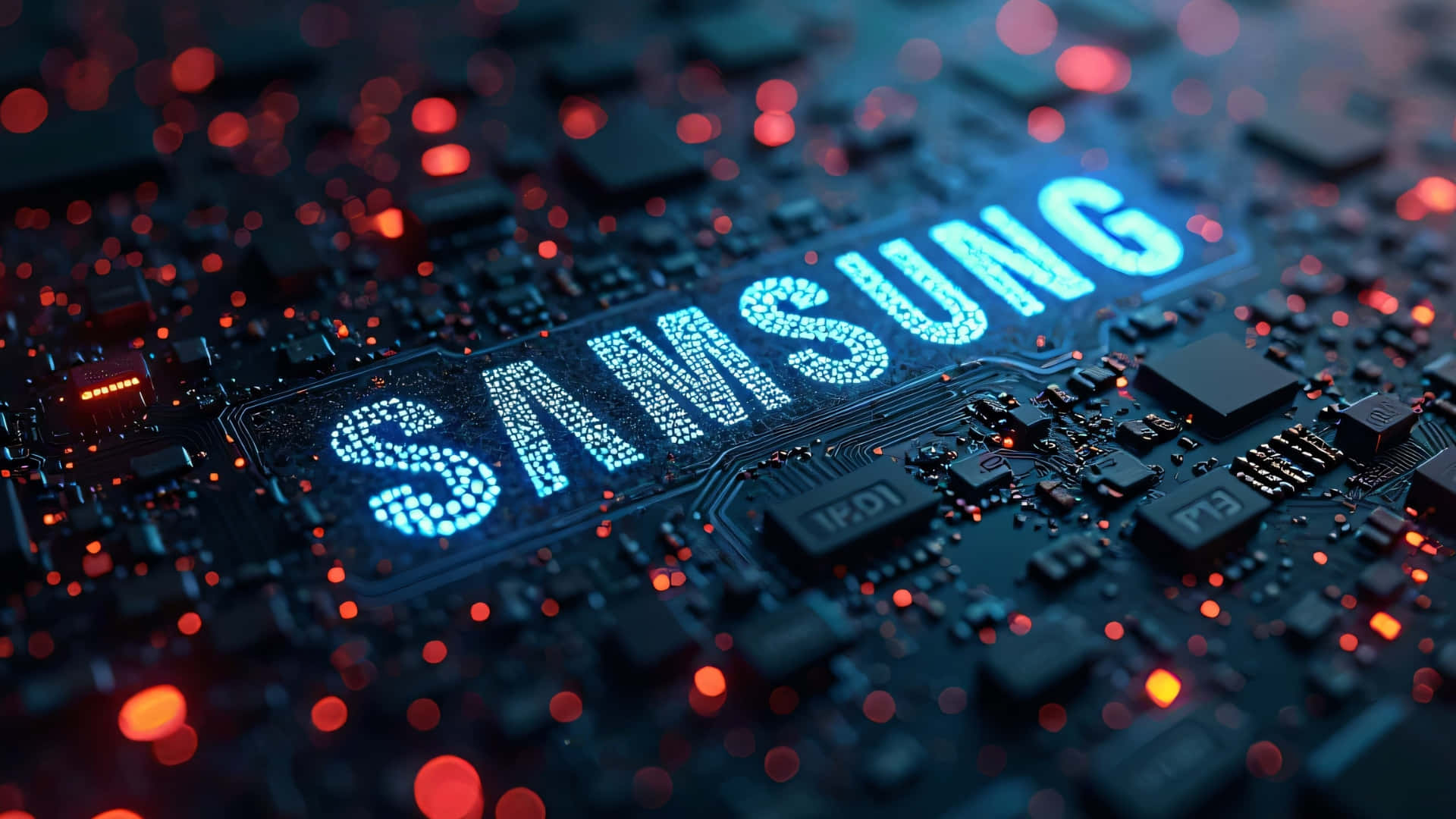  壁紙 — 特寫一個發光藍色Samsung標誌在詳細電路板上，帶有紅色散景燈光。